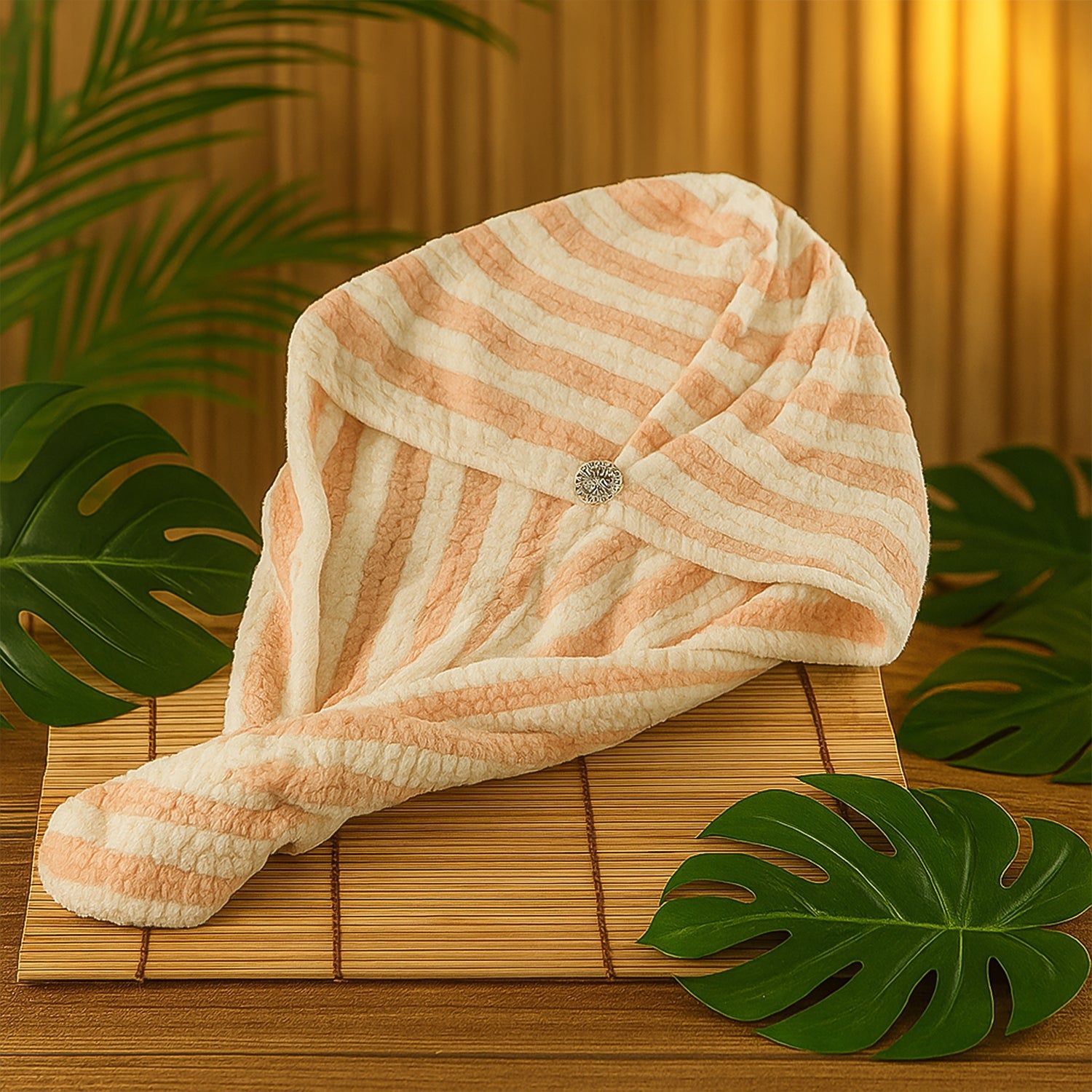 Model wearing hair drying towel wrap with teddy bear button