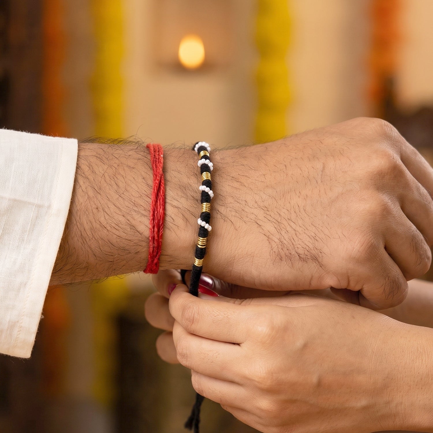 Handmade Black Bracelet Rakhi with White Beads (1 Pc)