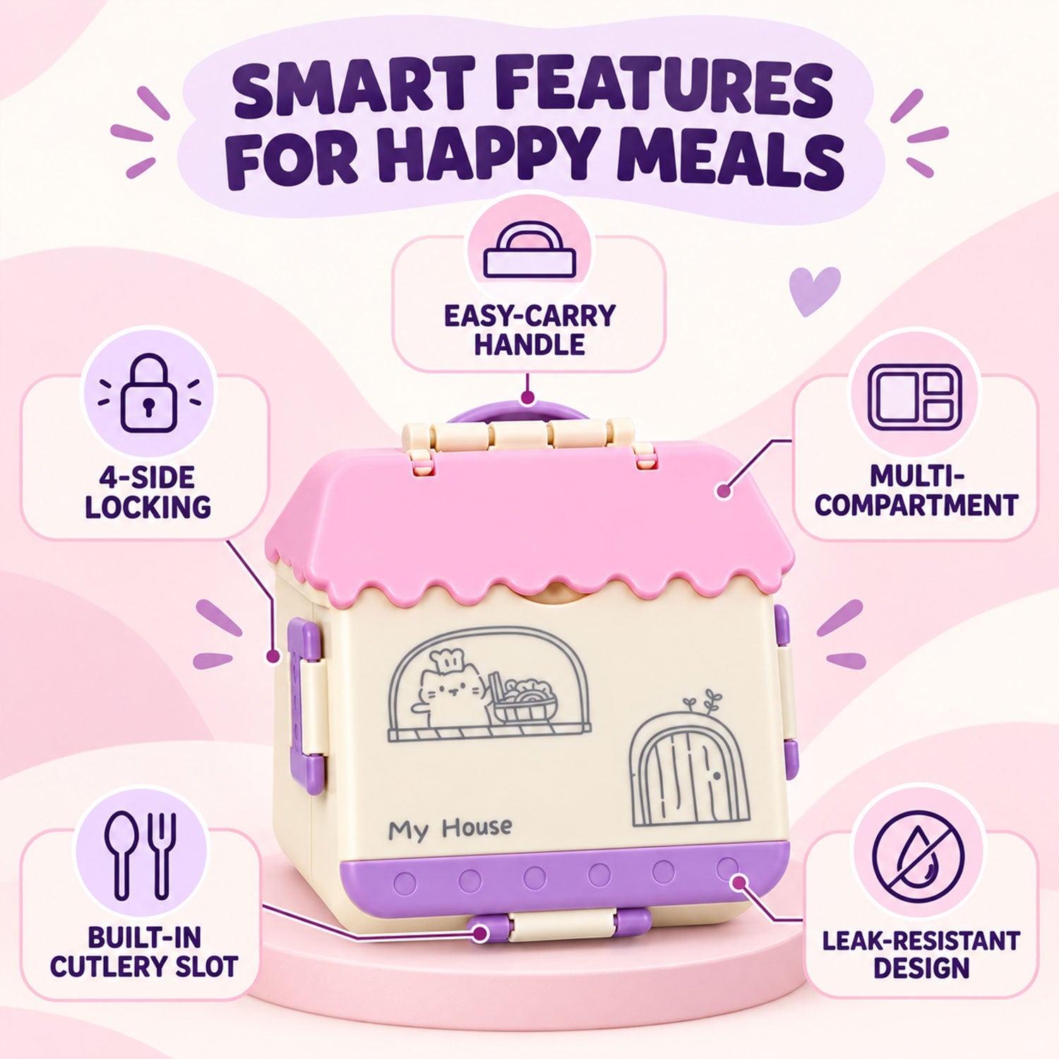 A house-shaped lunch box with text highlighting its easy-carry handle, multi-compartment, 4-side locking, built-in cutlery