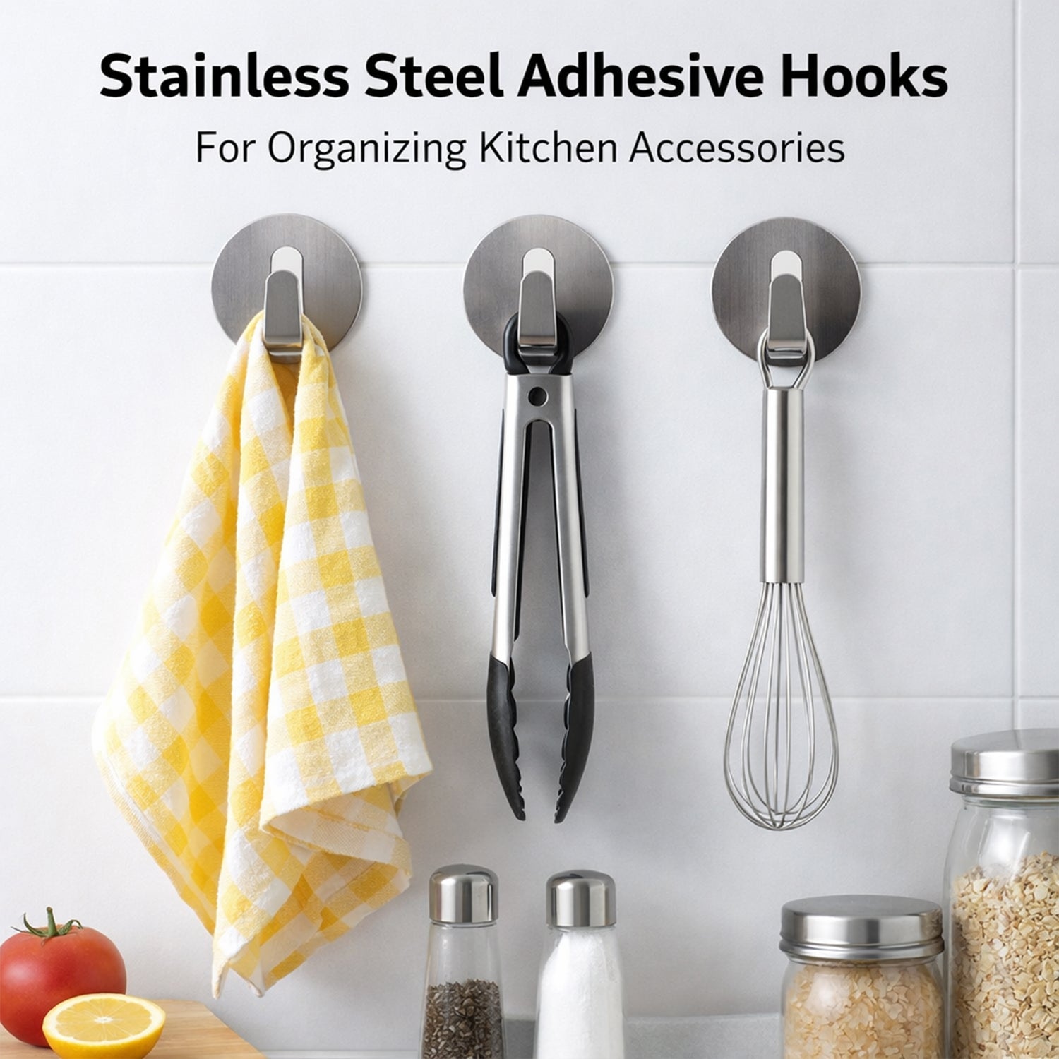 Multiple stainless steel self-adhesive hooks holding items