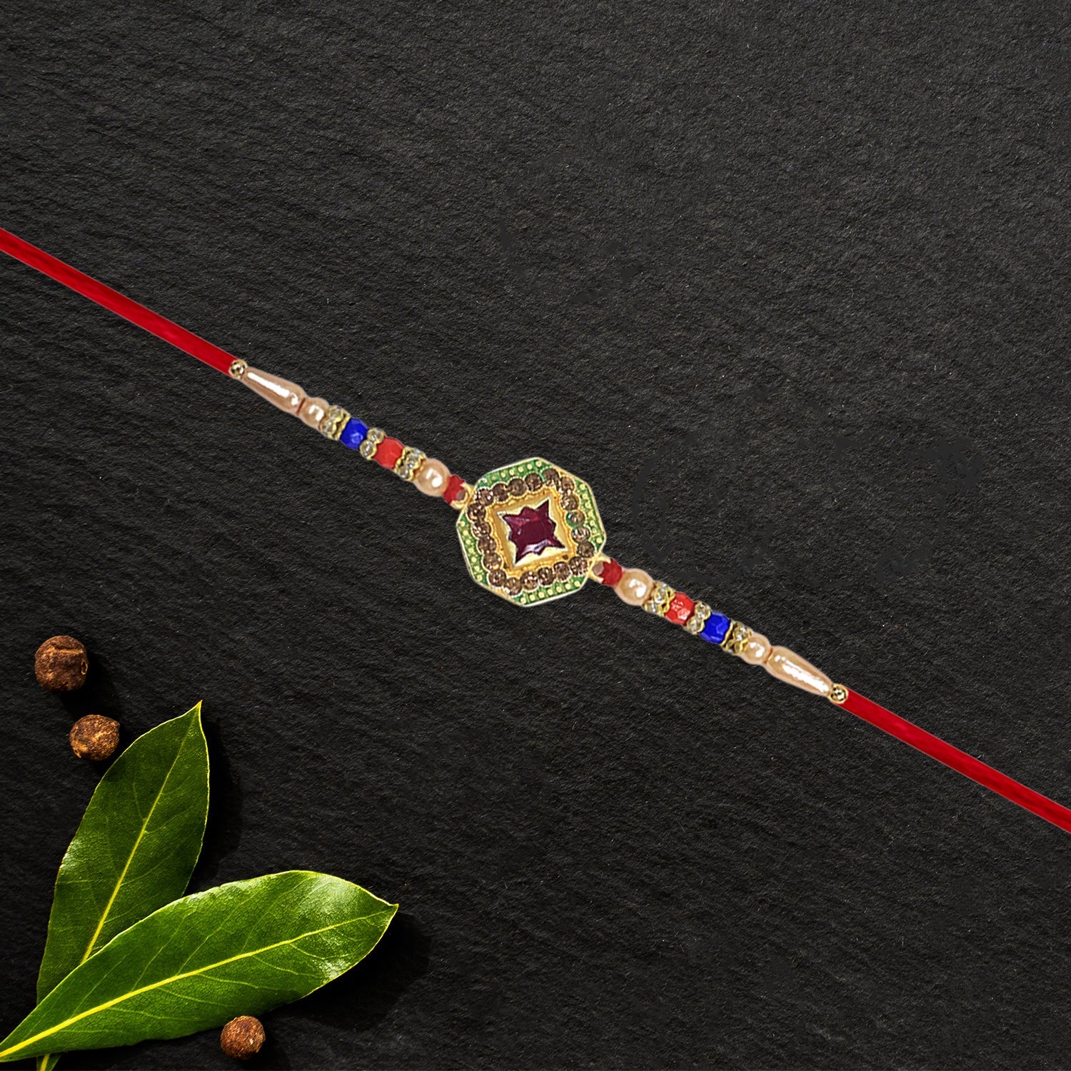 12 Pc Stone Rakhi Set with Red Center Dial, Pearl Beads & Multicolor Accents â€“ Elegant Raksha Bandhan Gift Box for Brothers