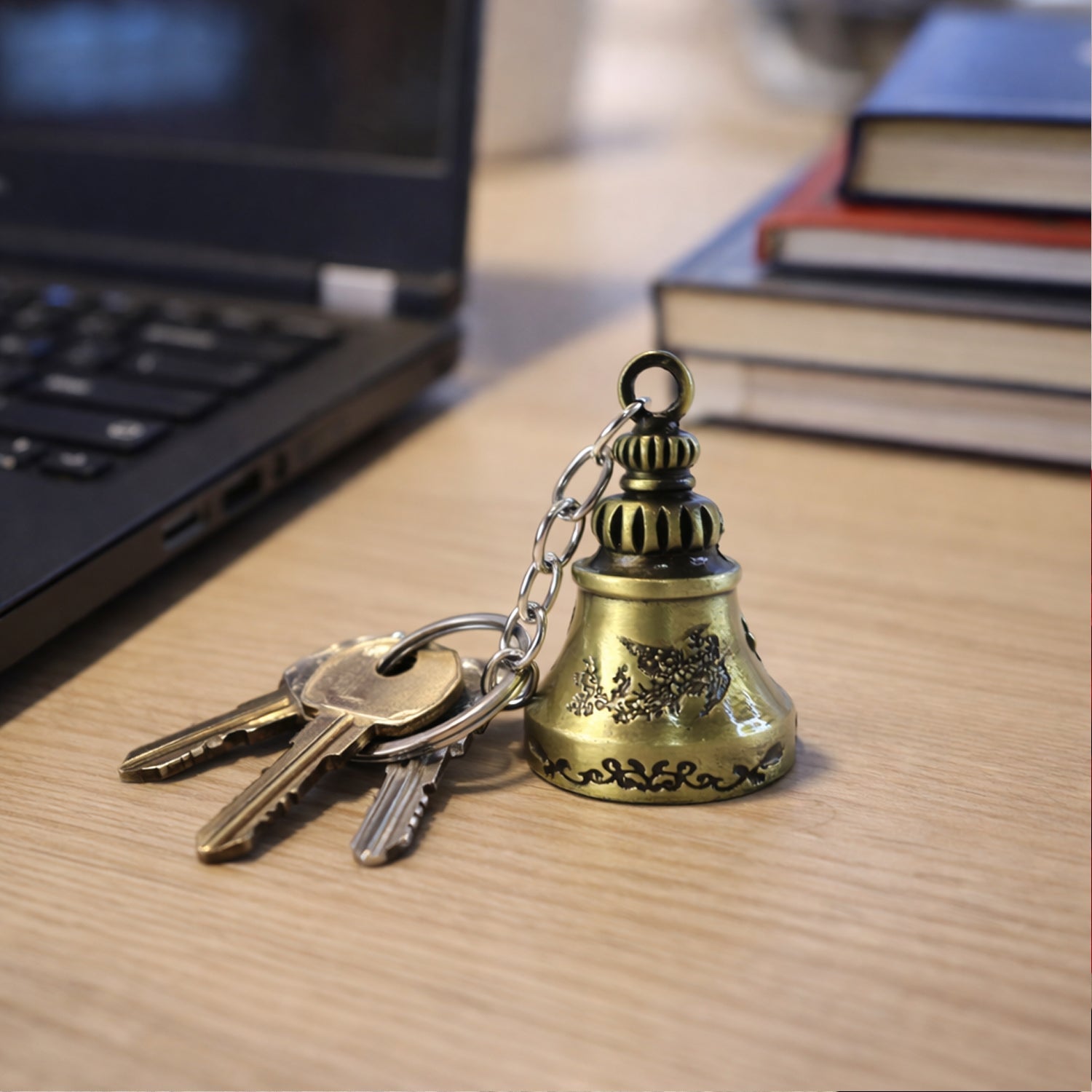Detailed metal temple bell keychain hanging
