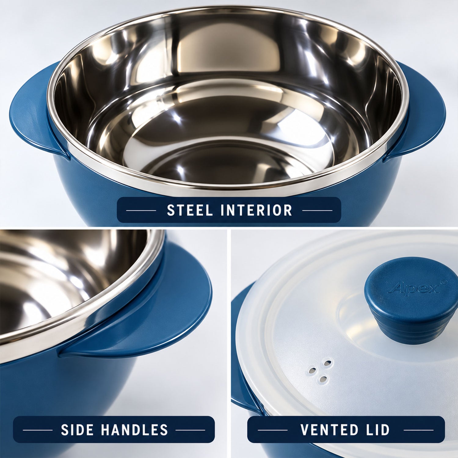 A close-up composite shows the steel interior, integrated side handles, and a vented lid of a blue serving bowl.