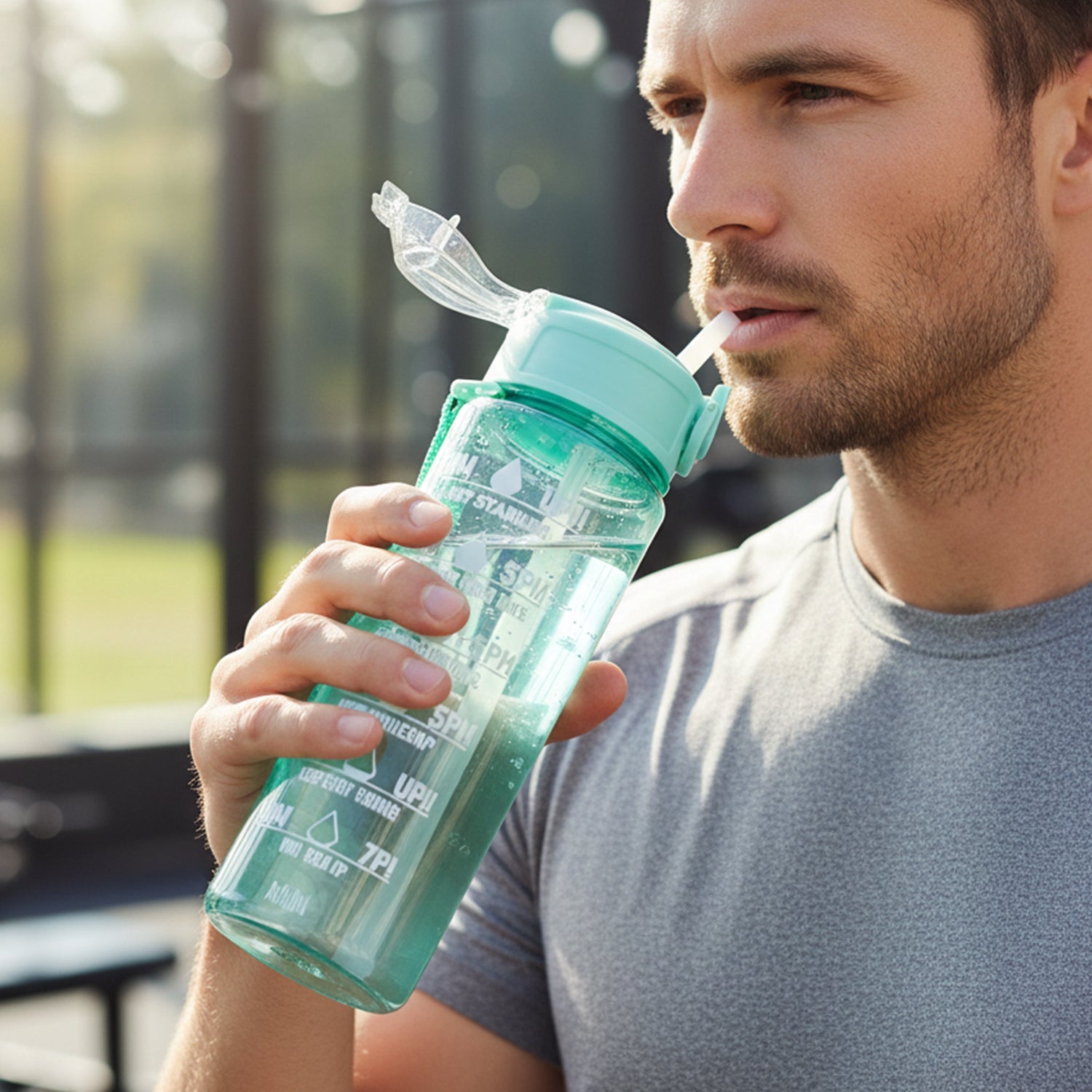 Close-up of time markers on water bottle