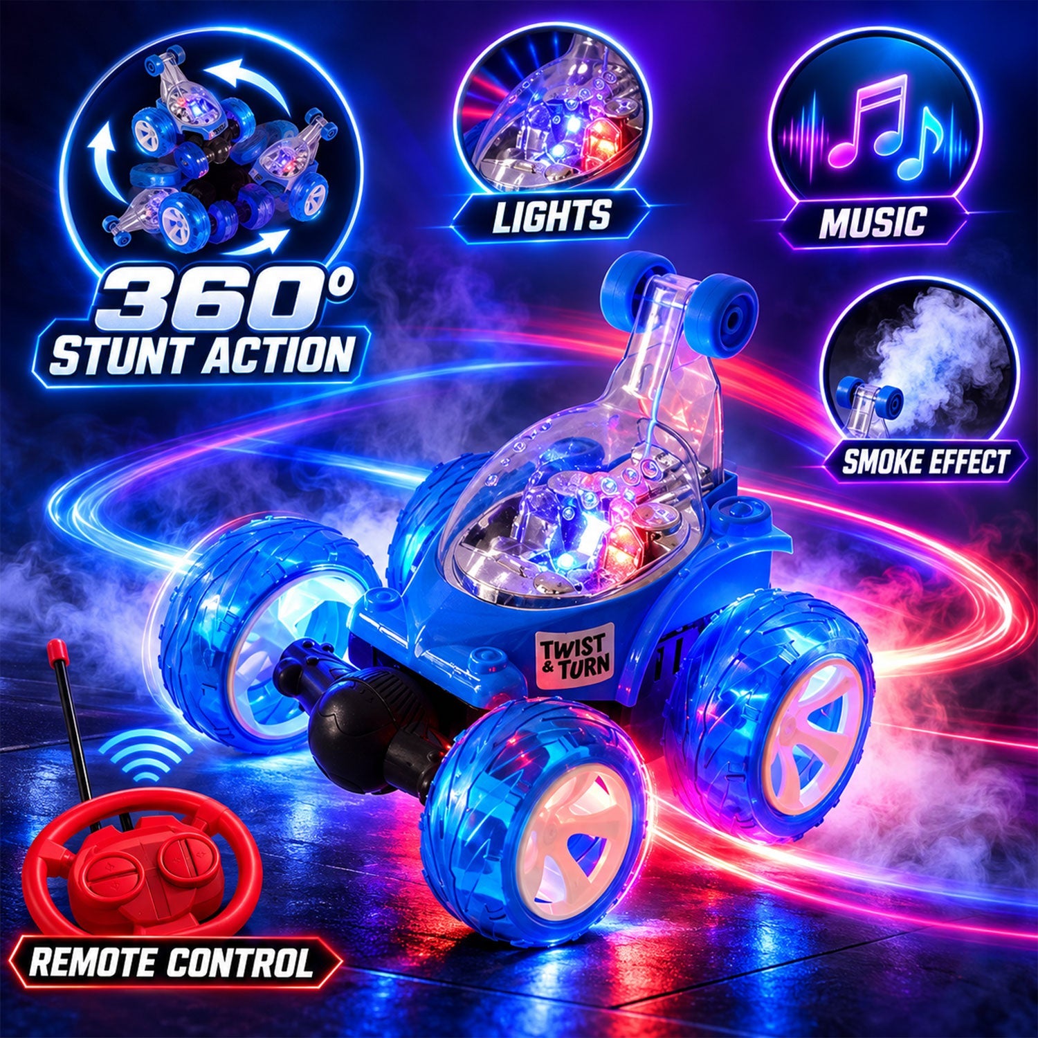 A blue remote control stunt car with glowing wheels and various feature callouts for lights, music, and smoke.