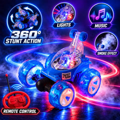 A blue remote control stunt car with glowing wheels and various feature callouts for lights, music, and smoke.