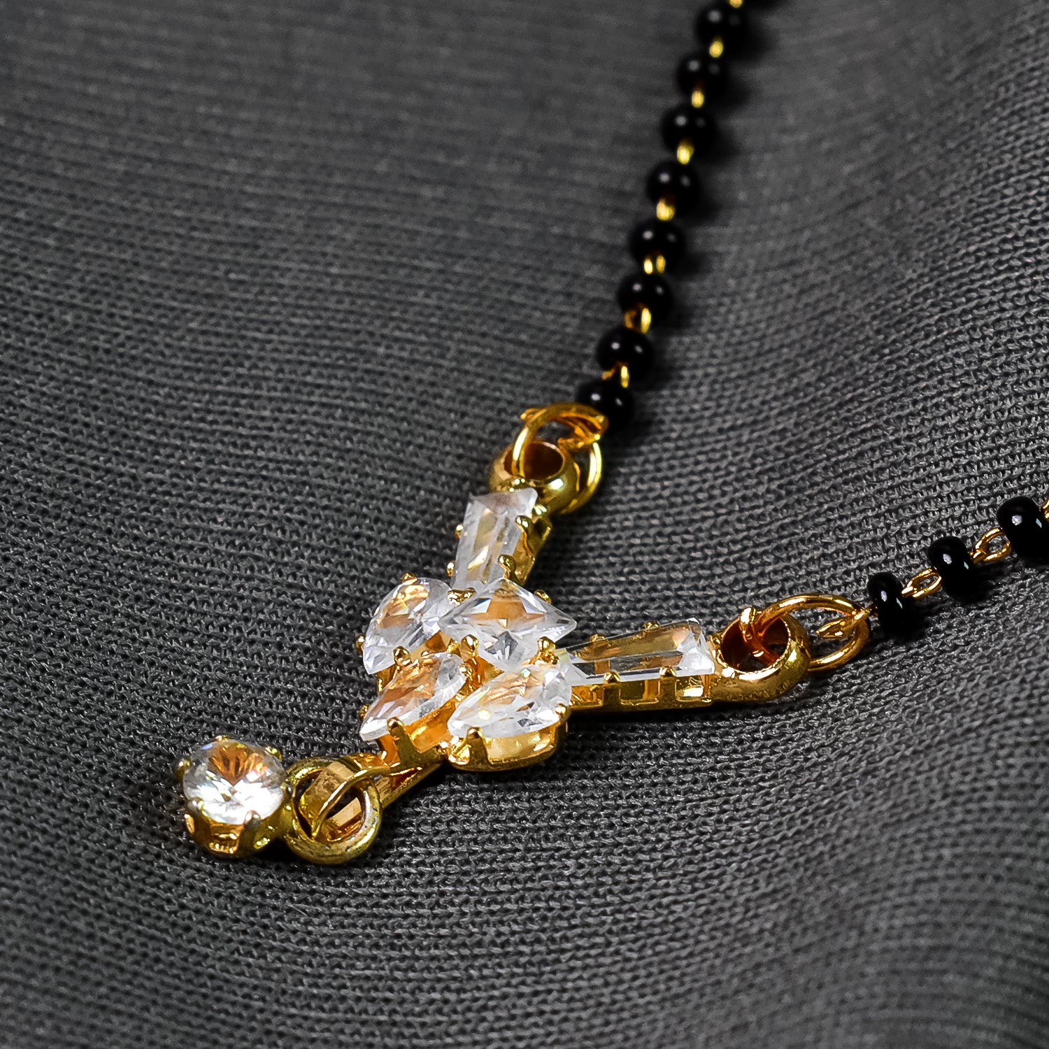 American Diamond Floral Mangalsutra â€“ Black Beaded Chain, Delicate Design for Women, Perfect for Gifting