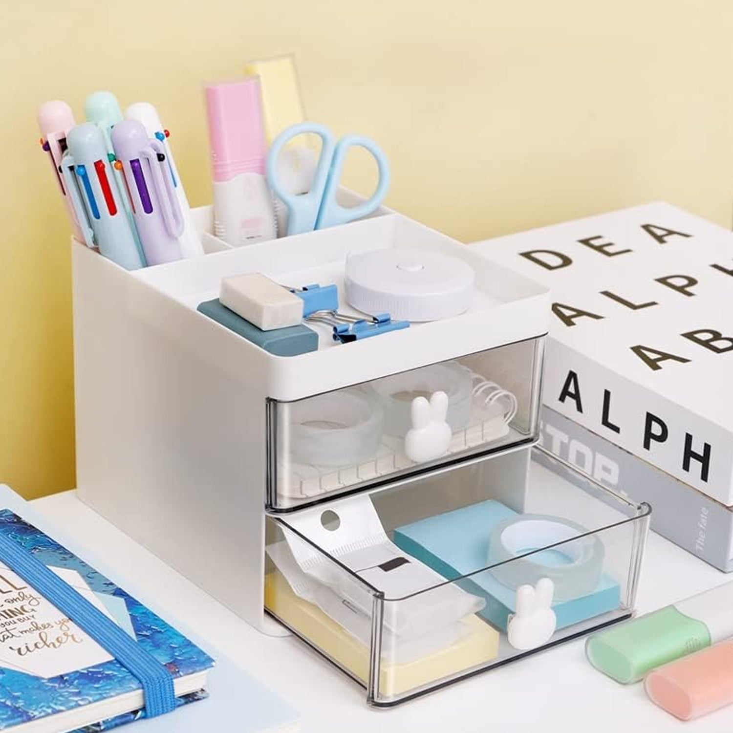 2 Layer 5 Compartment Desk Organizer with Transparent Drawer (1 Pc / 15Ã—13Ã—11 Cm)