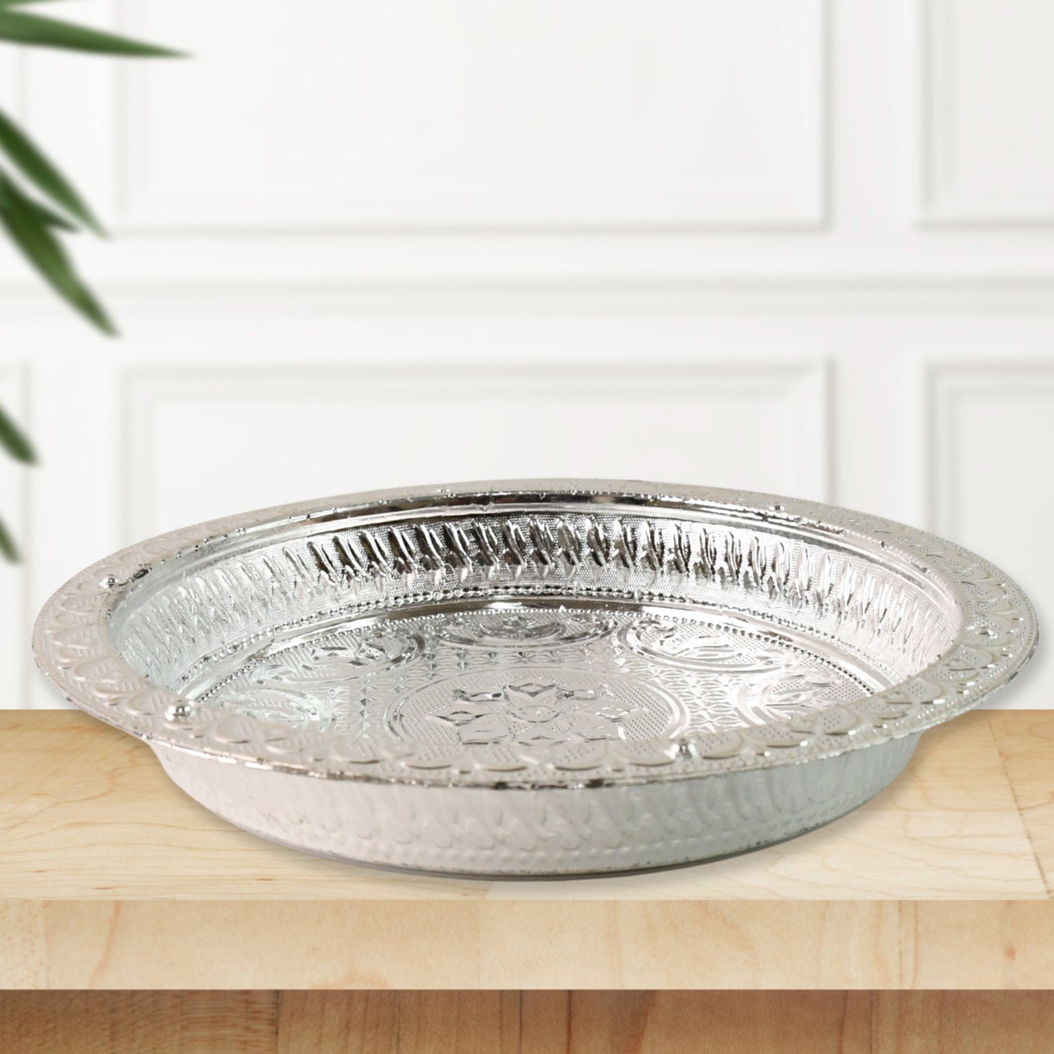 Decorative silver finish plastic pooja thali plate