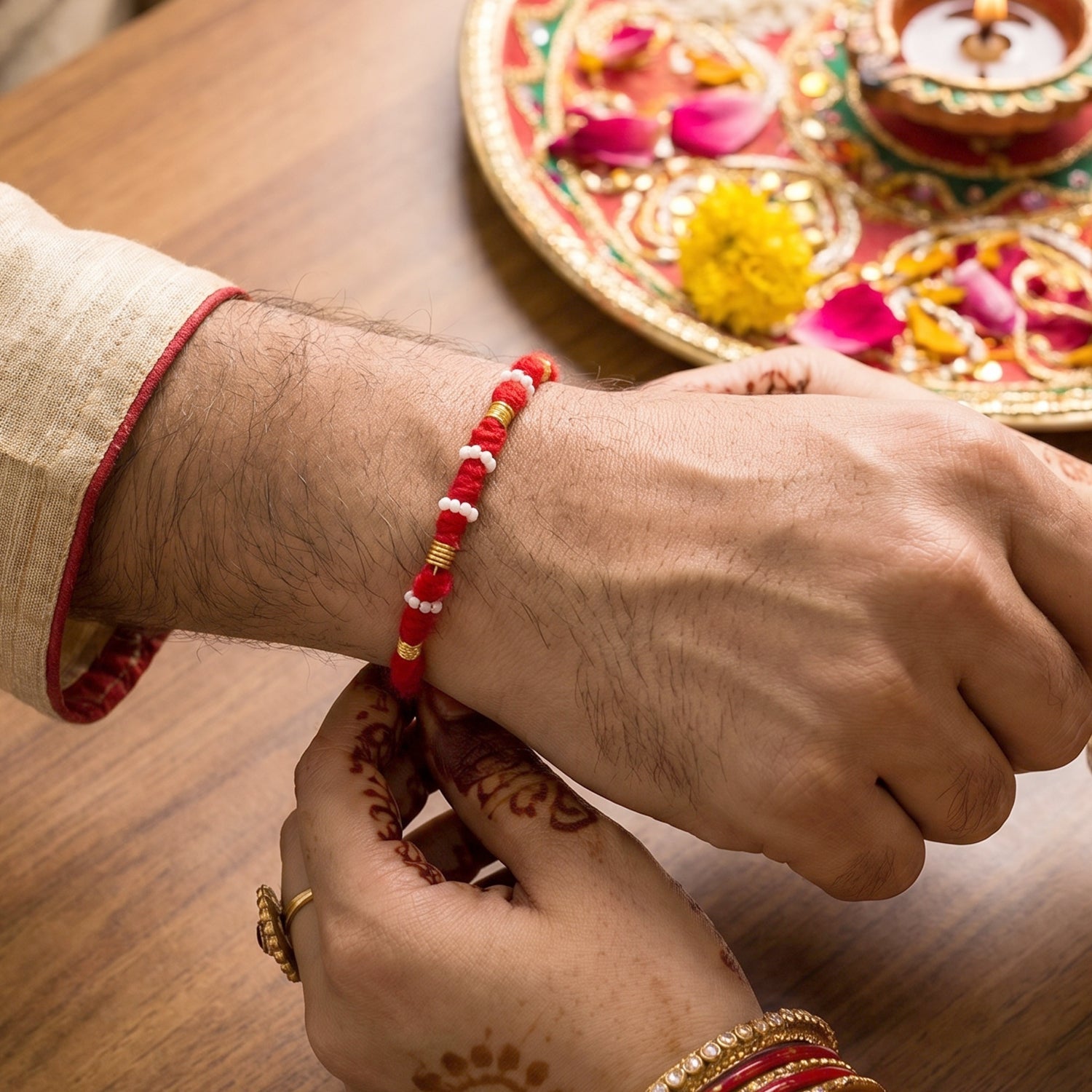 Handmade Red Bracelet Rakhi with White Beads (1 Pc)