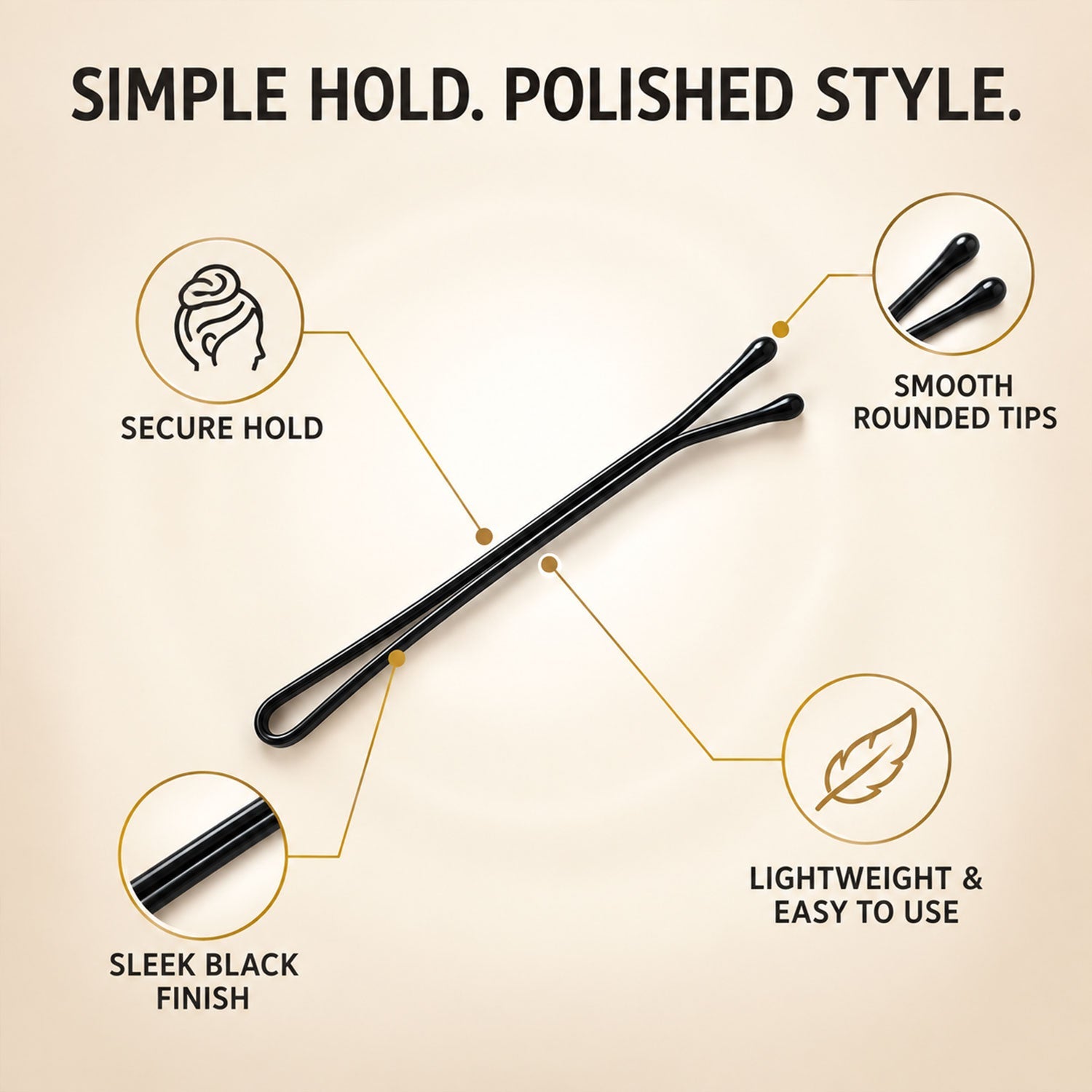 A black bobby pin with a coated metal finish and flexible grip is shown with detailed insets.