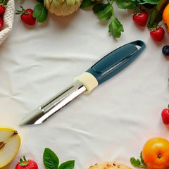 Apex potato peeler with stainless steel serrated blade on white background