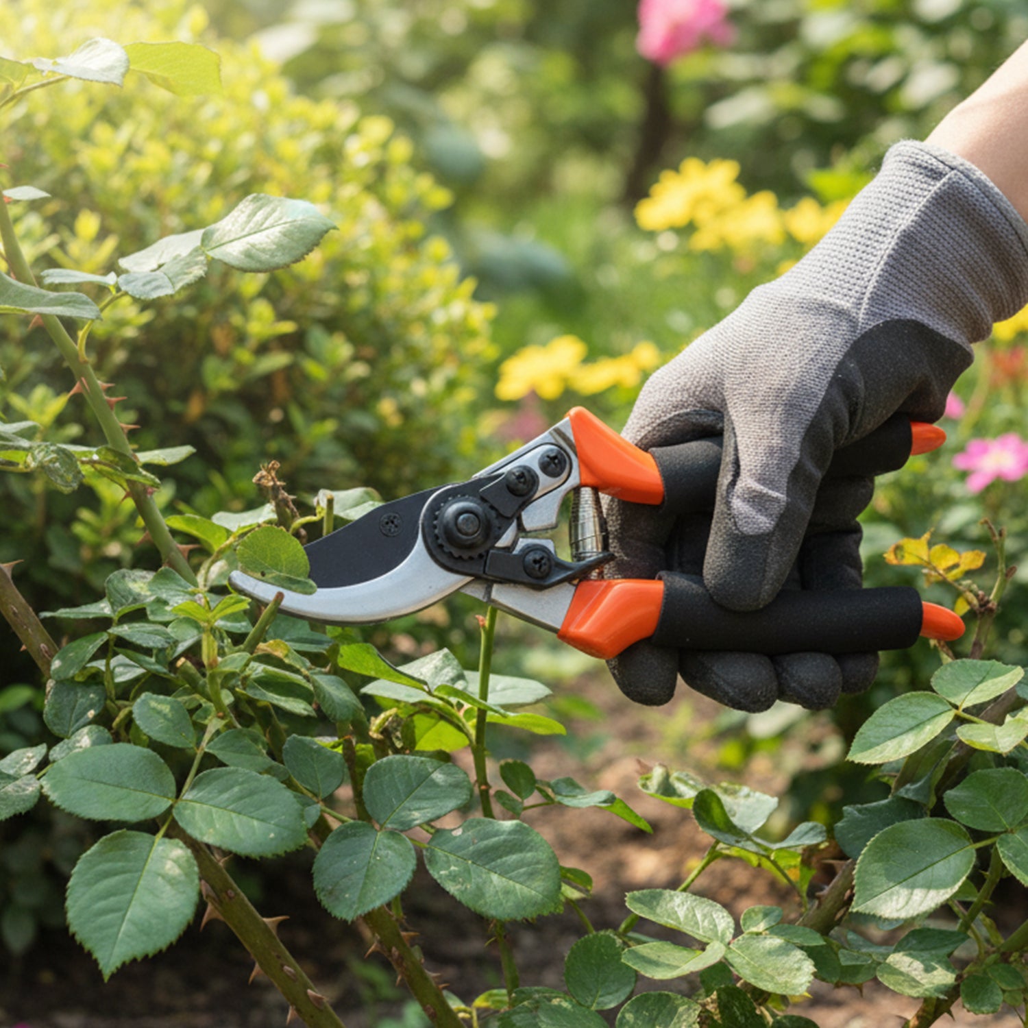 Close-up of pruning shears and hand saw gardening tools