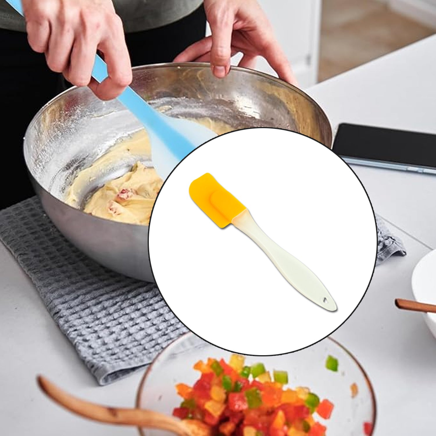 Angled studio photo of silicone cooking spatula