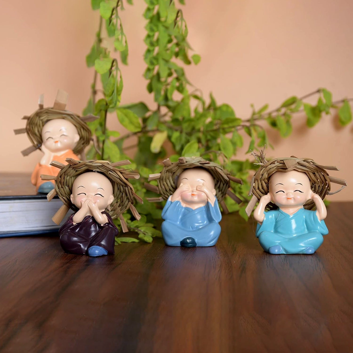 Cultural Resin Buddha Monk Set – 4 Pcs with Hat Decor


