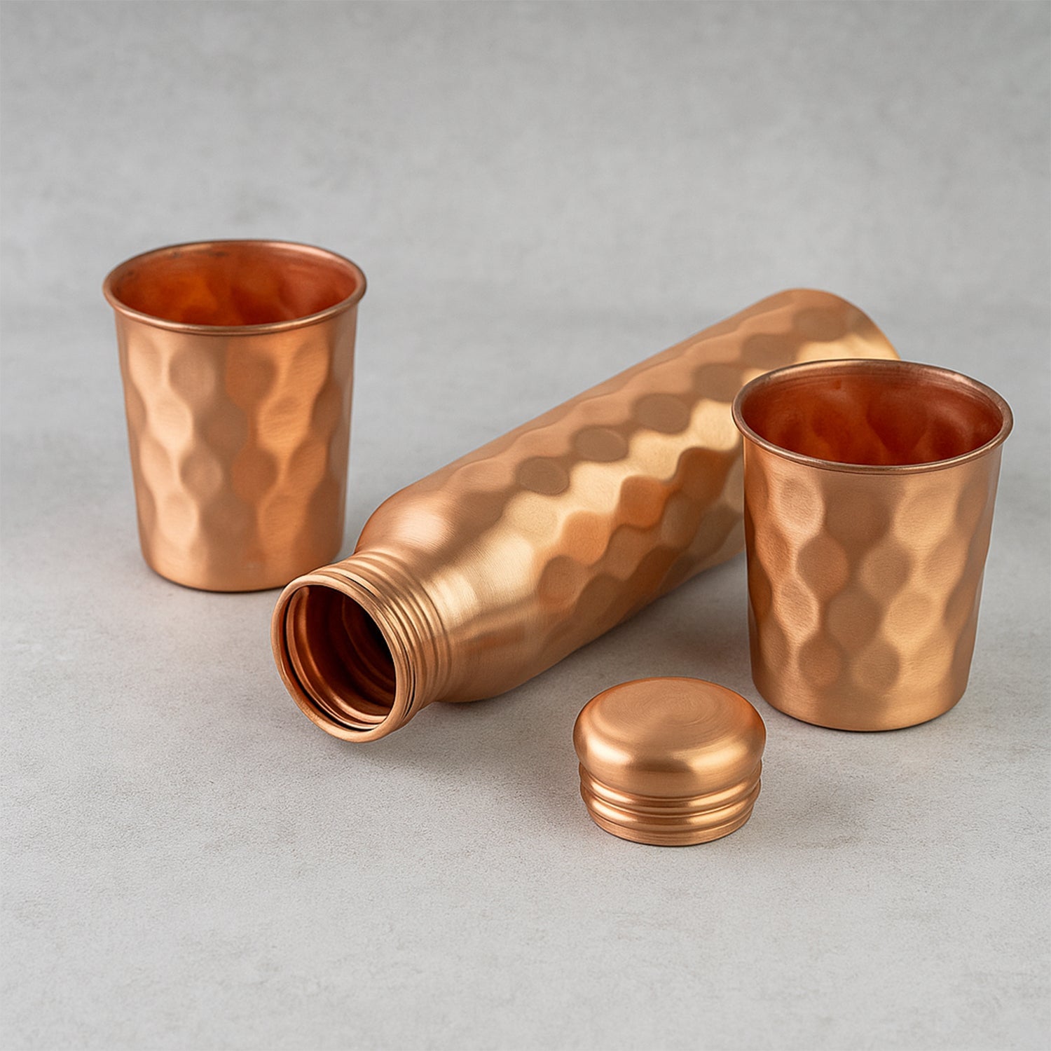 Diamond Cut Copper Bottle & Glasses Set for Healthy Hydration