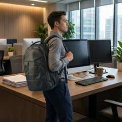 Black lightweight backpack side view with water bottle pocket