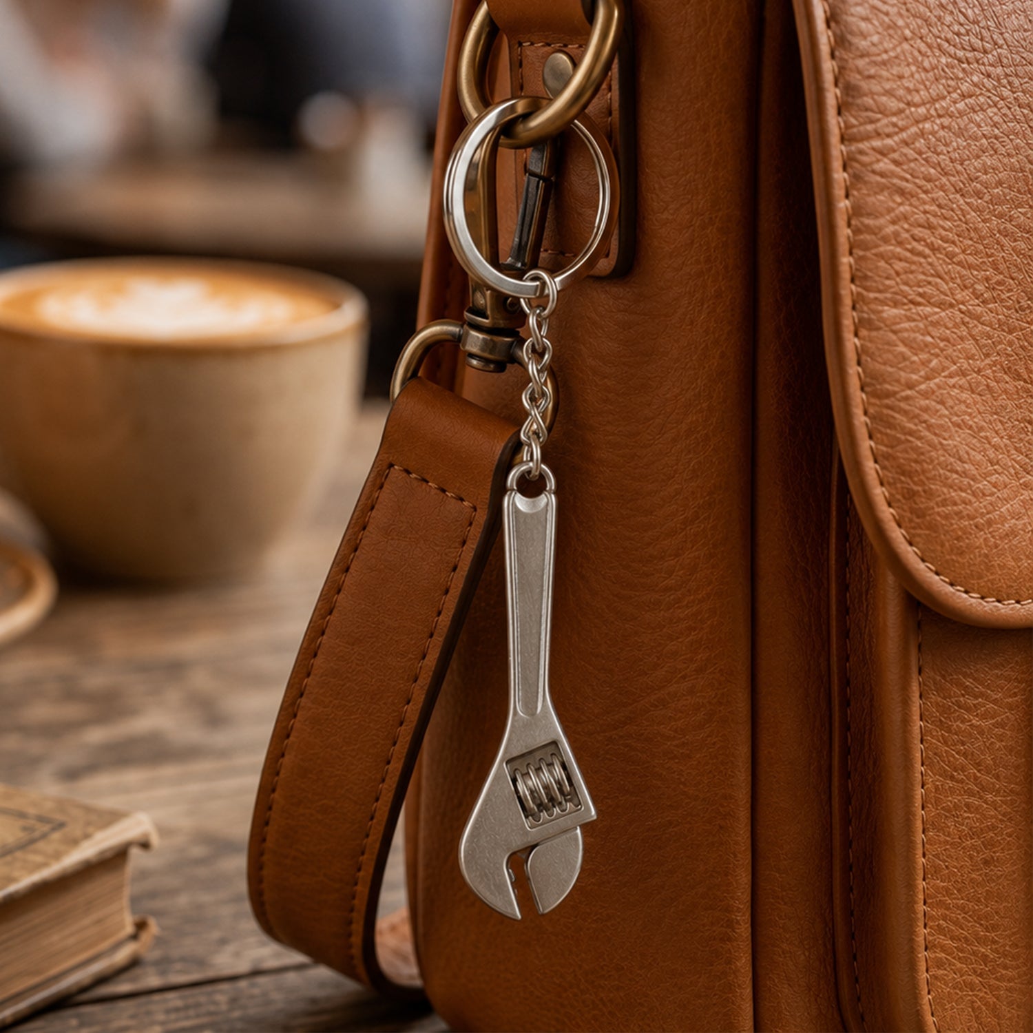 A silver metal mini adjustable wrench keychain hangs from a brown leather bag strap, with a coffee cup in the background.