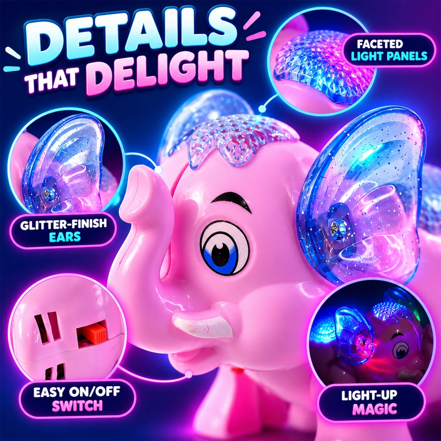 Close-up of a pink elephant toy highlighting faceted light panels, glitter-finish ears, and an easy on/off switch.