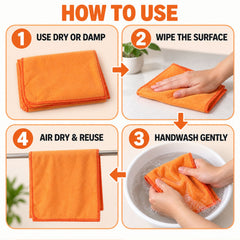 Four panels illustrate how to use the orange cleaning cloth, from dry use to handwashing and air drying.
