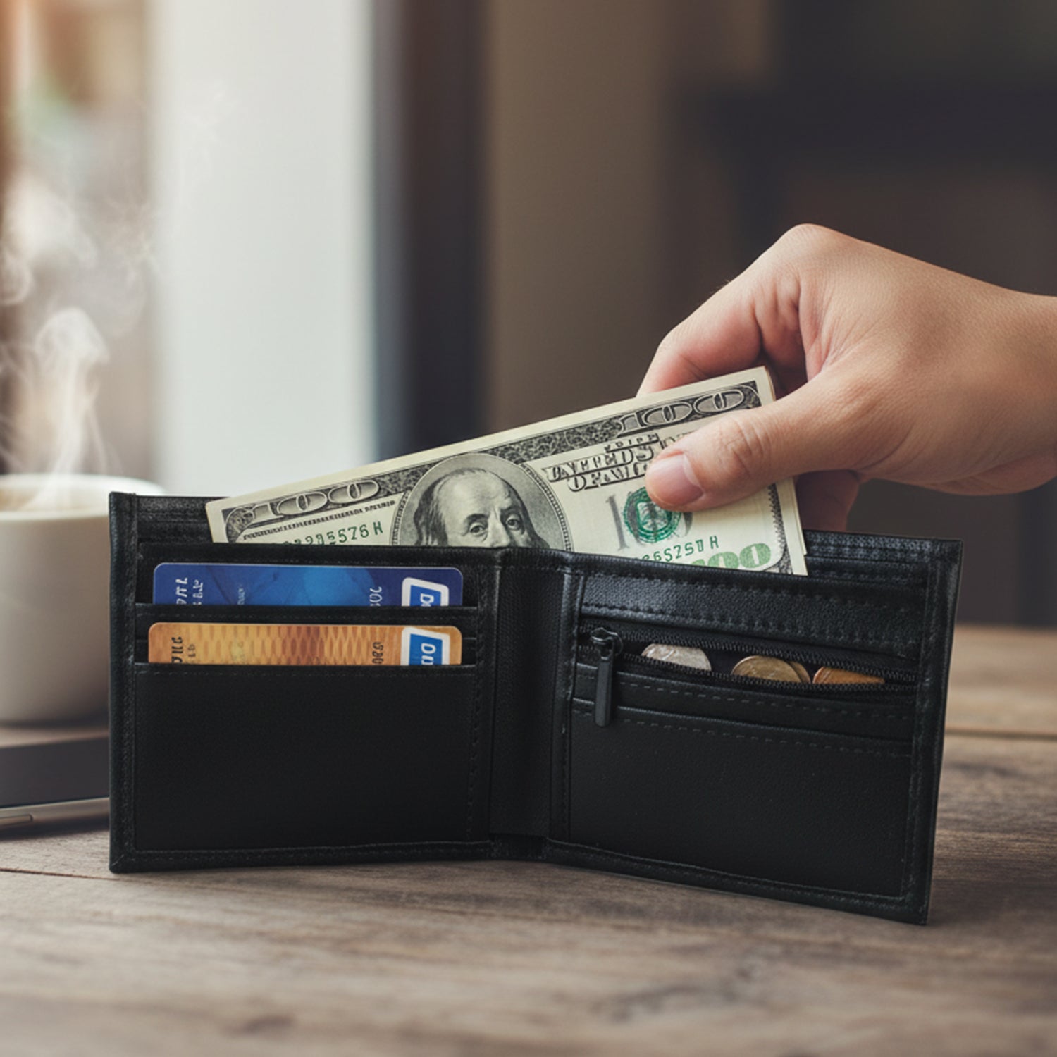 Close-up of wallet compartments and stitching