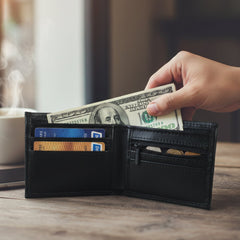 Close-up of wallet compartments and stitching