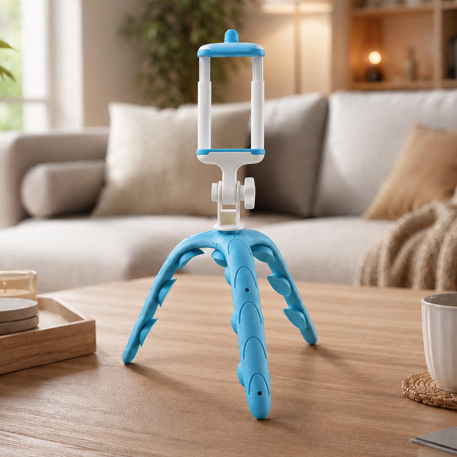 A blue and white flexible tripod for phones standing on a wooden coffee table in a modern living room setting.