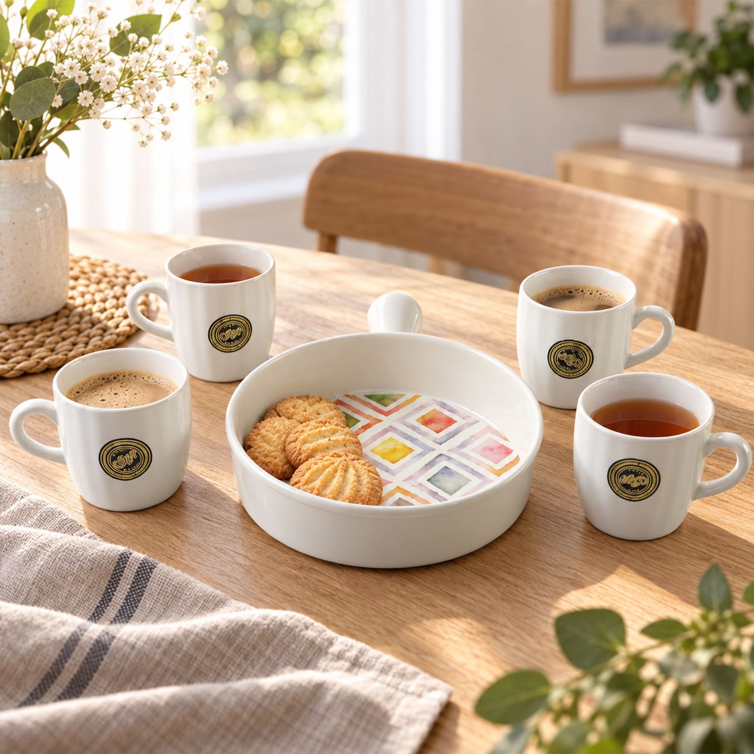 A ceramic platter with a colorful square pattern holds cookies, surrounded by four white mugs filled with coffee and tea.
