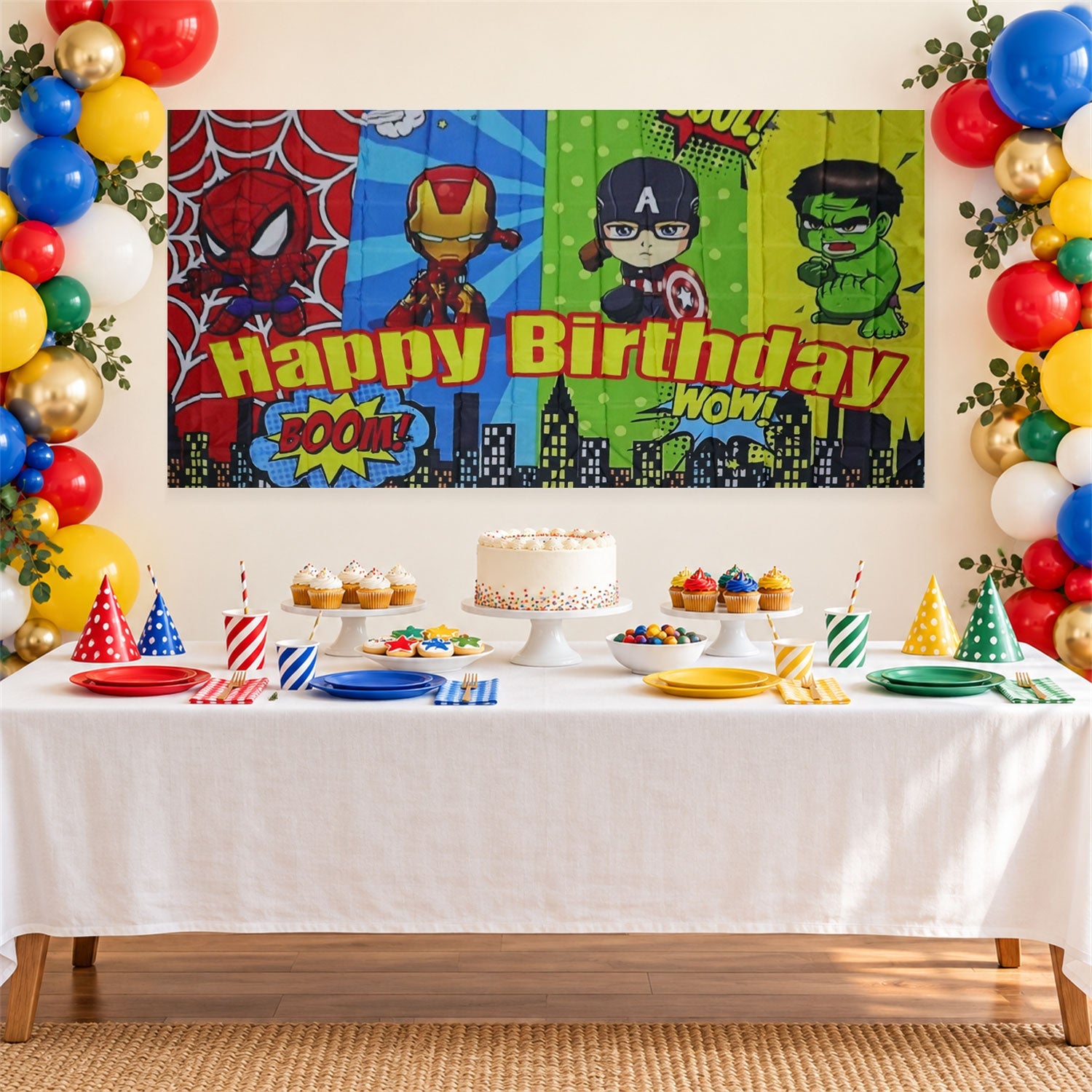 Colourful cartoon superhero birthday backdrop above a white dessert table