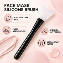 A black and white silicone face mask brush is centered on a pink background with text describing its features, like a soft