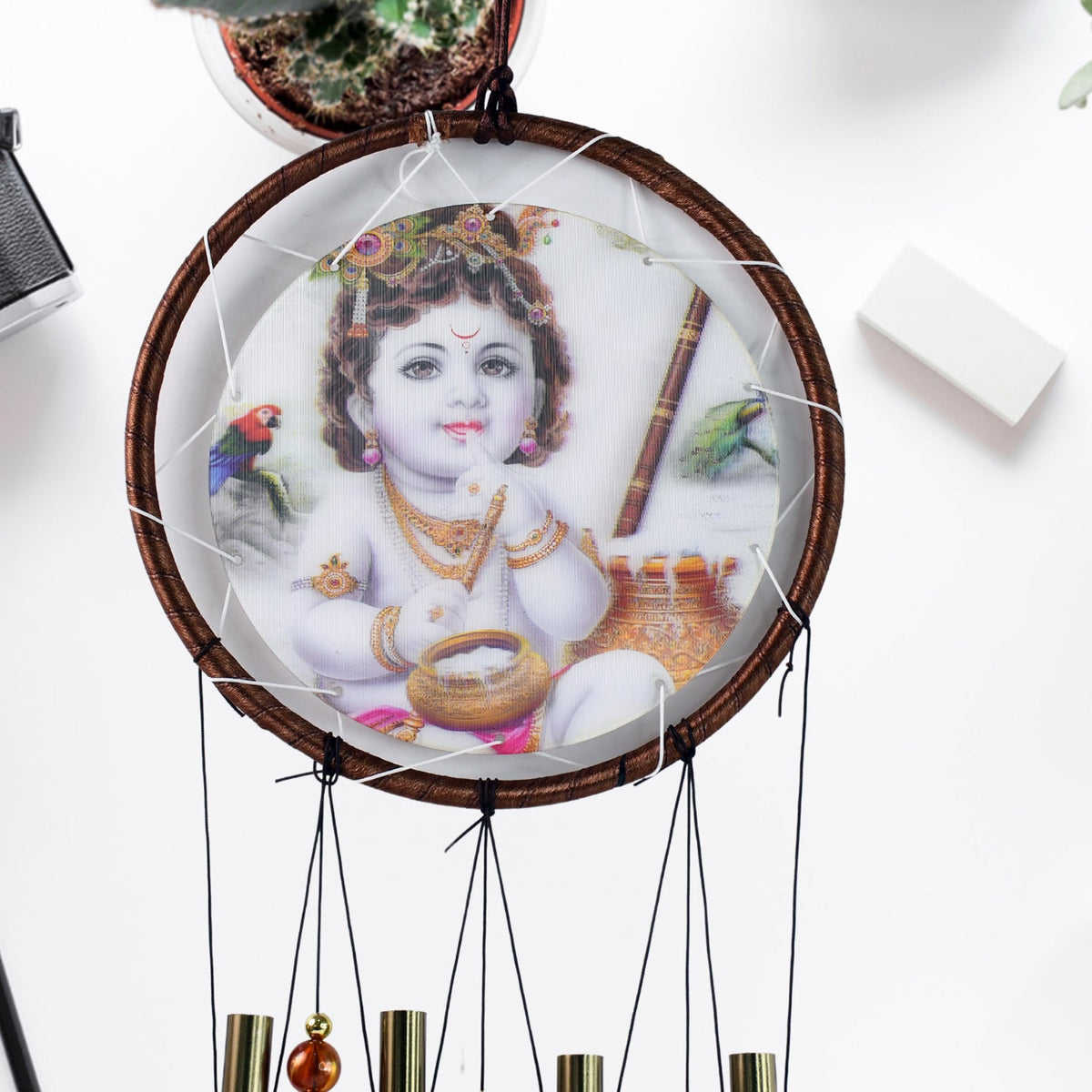 Krishna Medallion Dream Catcher Wind Chime with Sacred Melody design