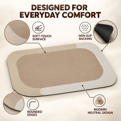A rectangular bath mat with rounded corners, featuring a beige center and a light cream border, with callouts highlighting