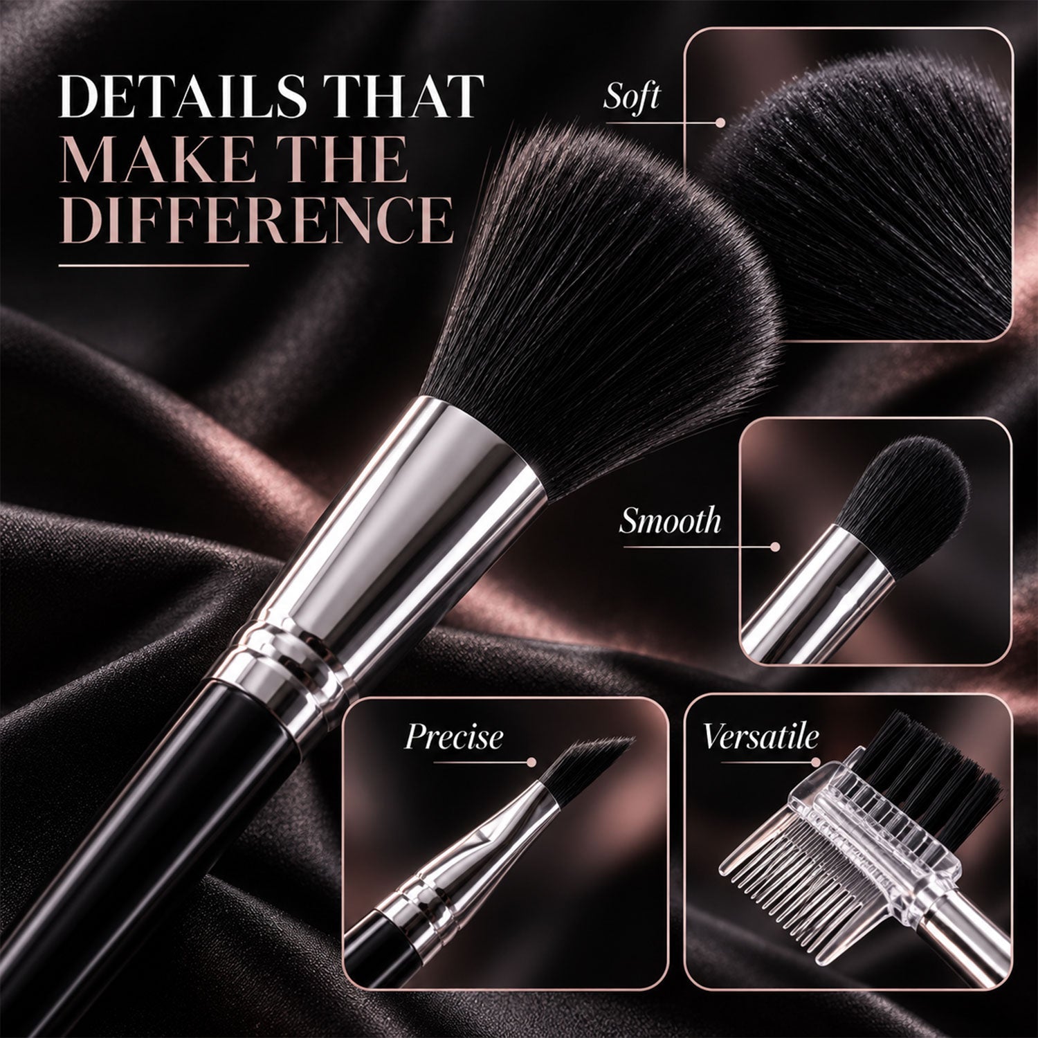 A close-up of a large black makeup brush with silver ferrule, with insets highlighting its soft, smooth, precise, and