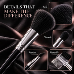 A close-up of a large black makeup brush with silver ferrule, with insets highlighting its soft, smooth, precise, and