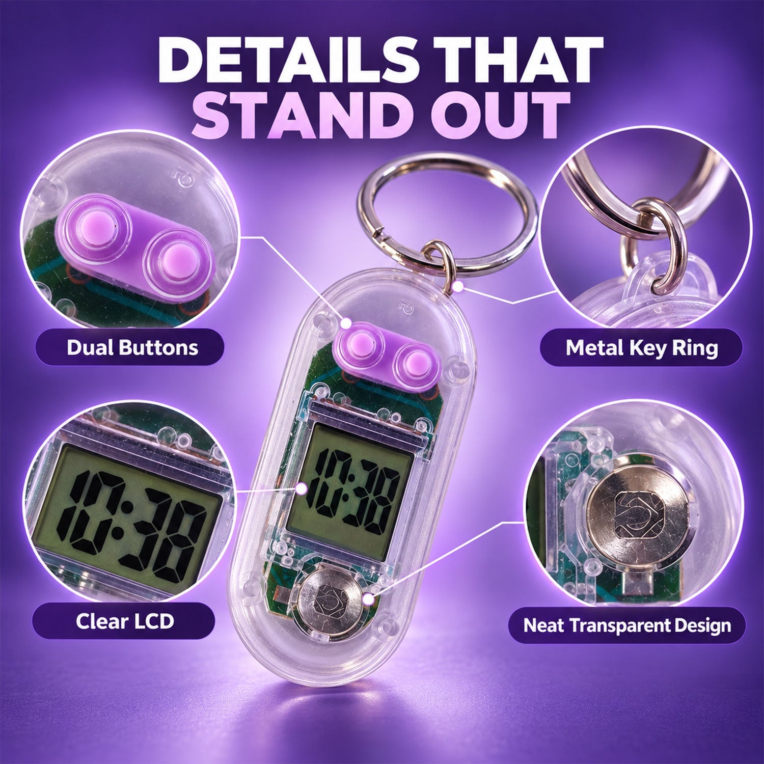 A transparent digital clock keychain with purple buttons and a metal ring, highlighting its features.