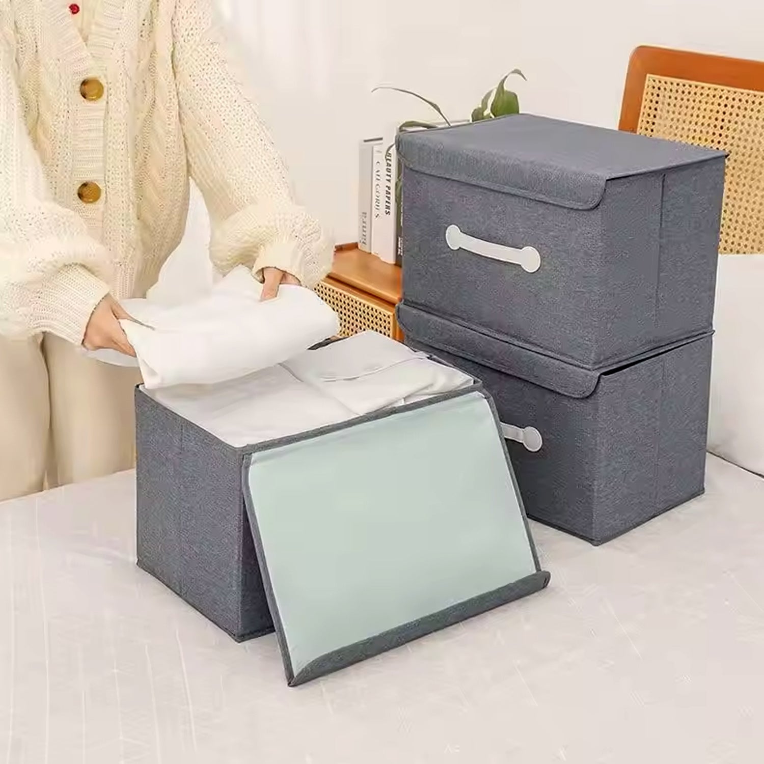 Small Foldable Storage Box With Lid And Handles, Cotton And Linen Storage Bins And Baskets Organizer For Nursery, Closet, Bedroom, Home (28Ã—20Ã—16 Cm / 1 pc)