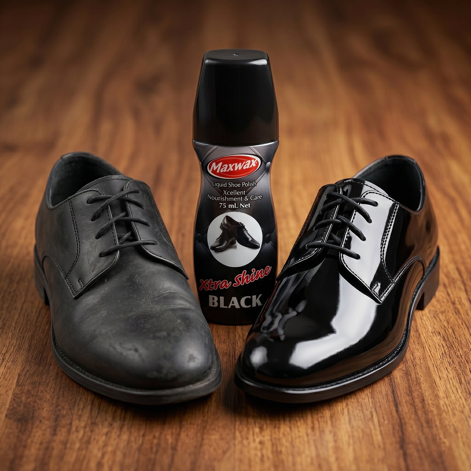 Durable black shoe polish in compact bottle
