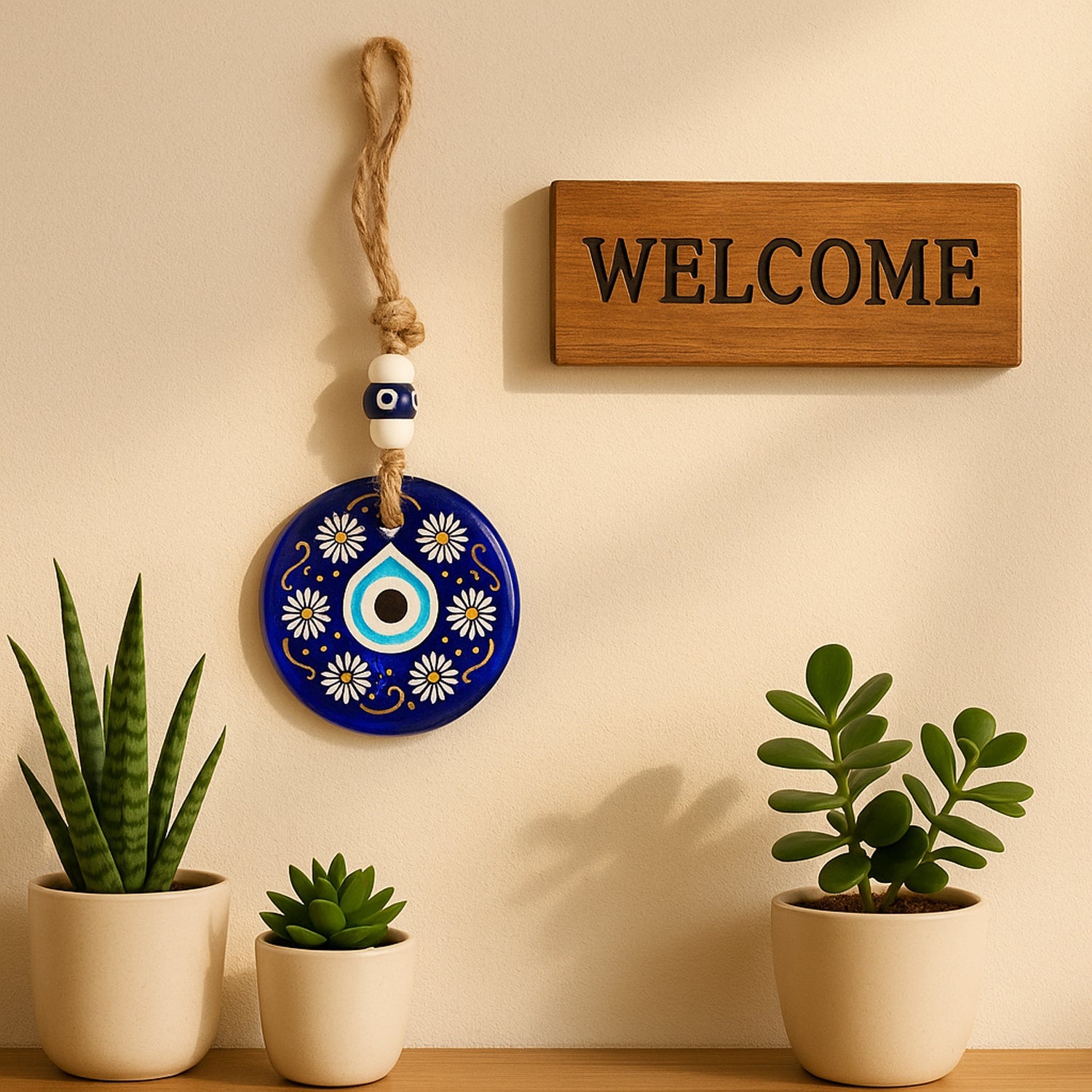 Evil eye wall hanging showing the back side and hanging mechanism