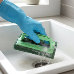 Close-up of nylon bristles and sponge on scrubber brush