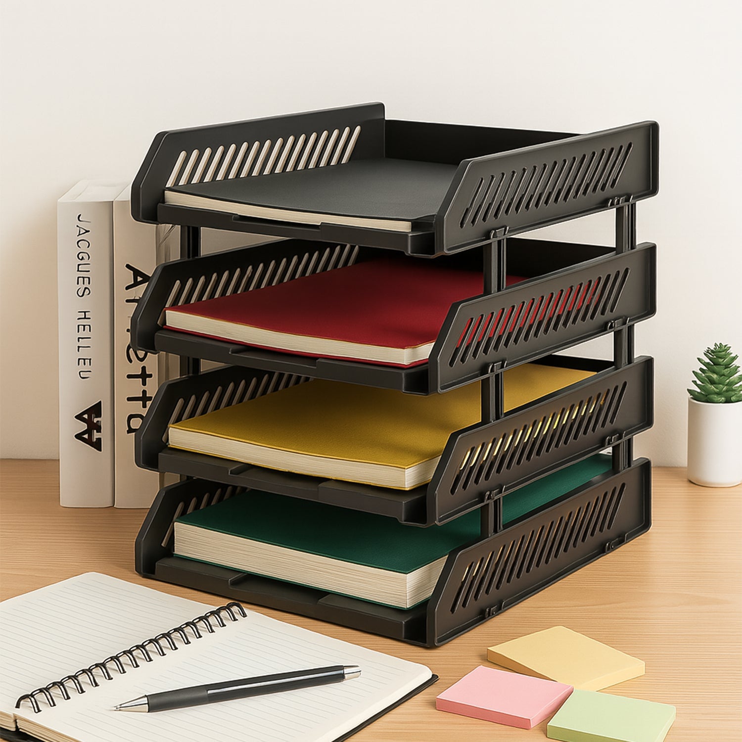 Front view of office file rack showing four storage layers