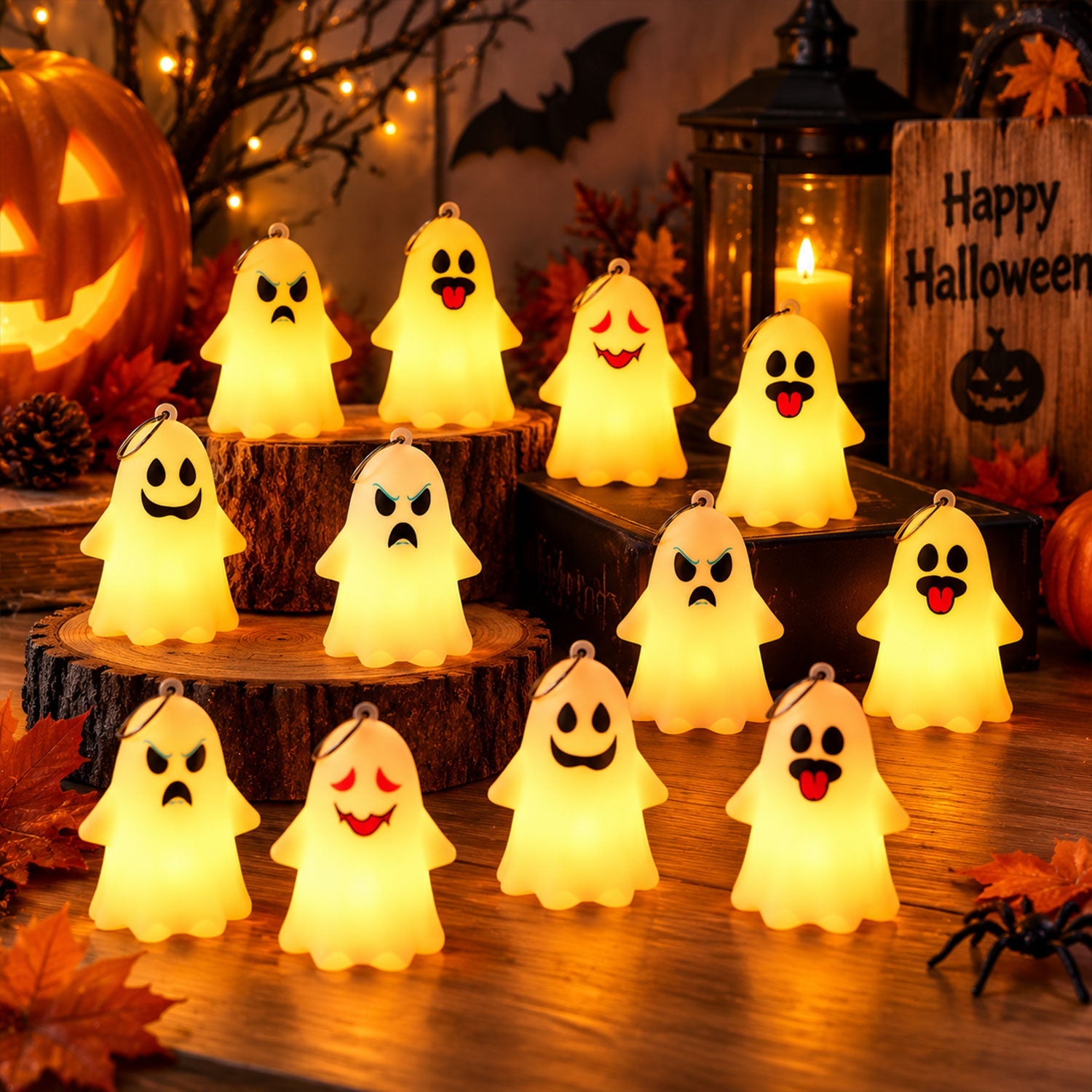 Twelve small, white ghost figures with diverse facial expressions are displayed on wooden blocks and a table.