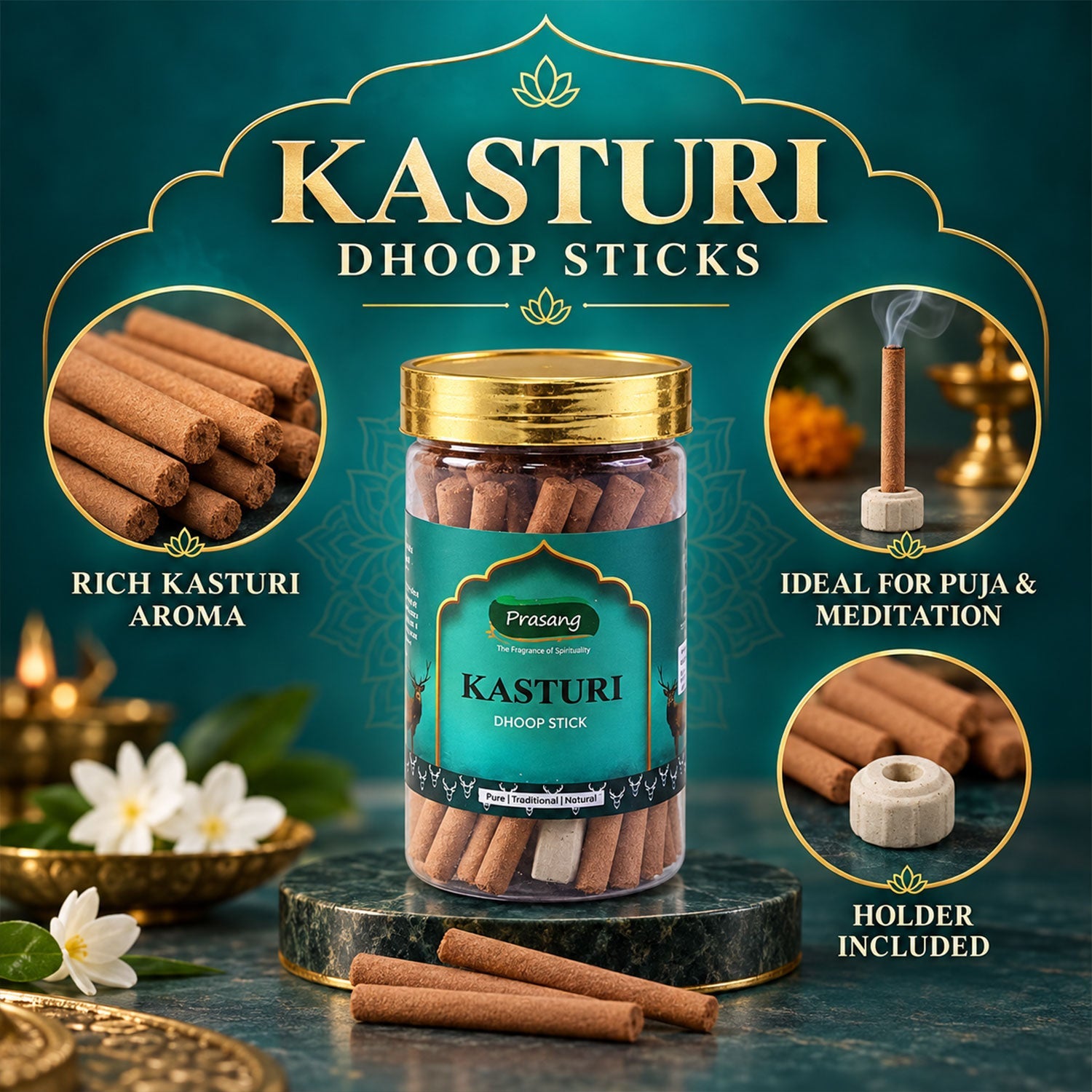 A jar of dhoop sticks on a marble stand, with a lit stick, loose sticks, and white flowers.