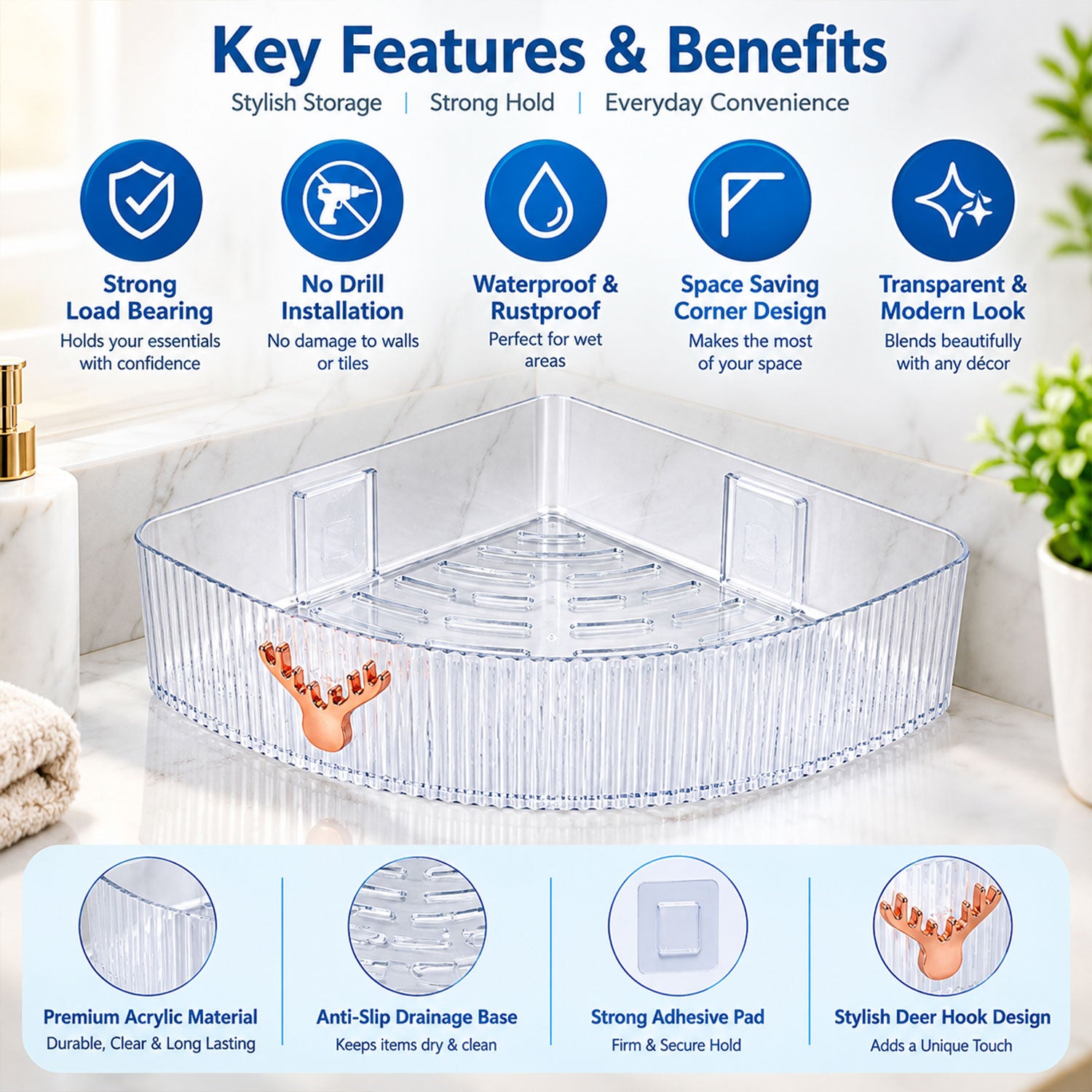 Clear ribbed corner shelf with deer hook, surrounded by icons detailing features like strong hold and no drill installation.