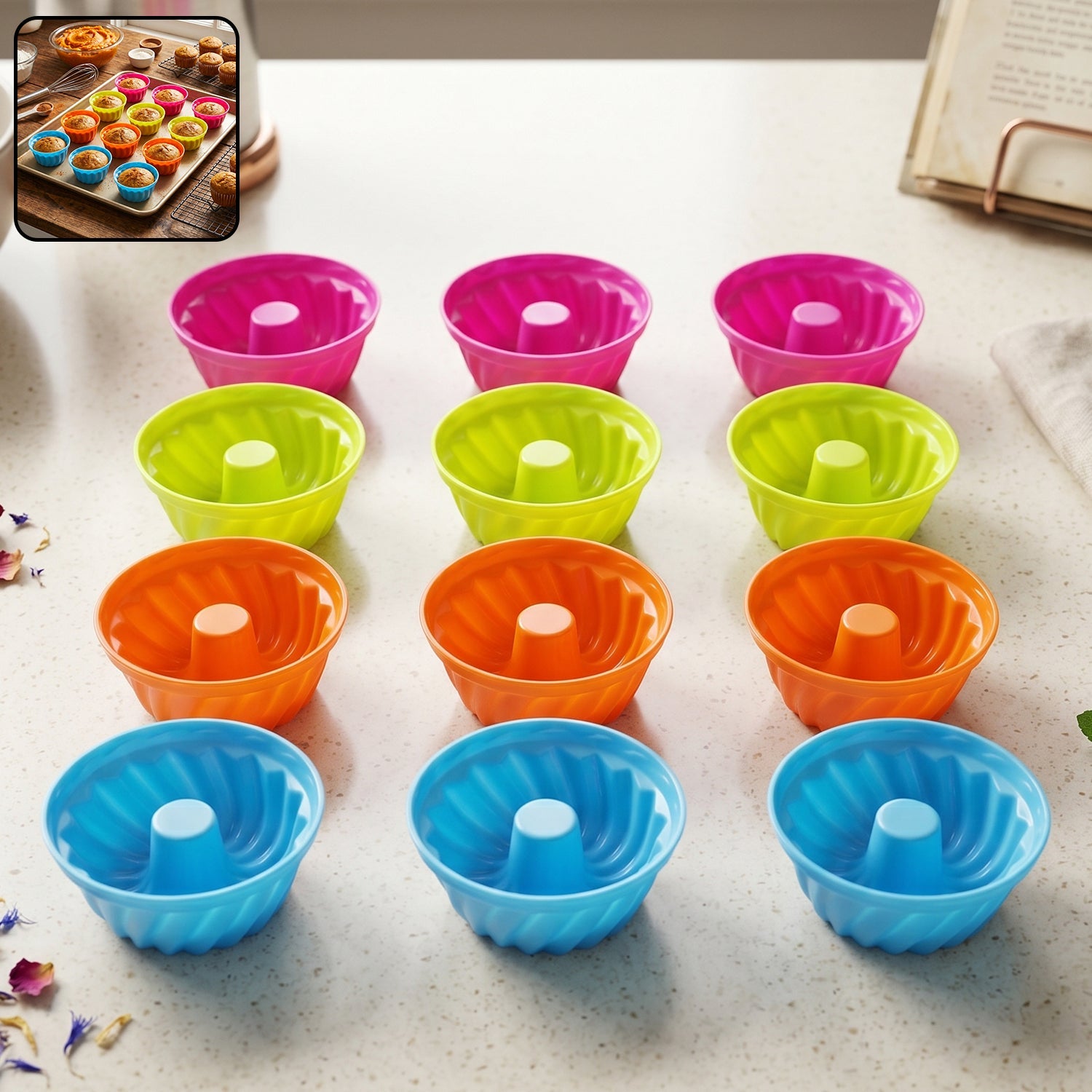 Silicone cupcake mould product layout with 12 pieces