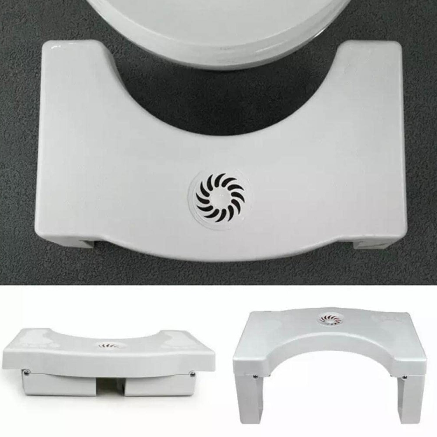 Toilet squat stool showing foldable design and footprint guides