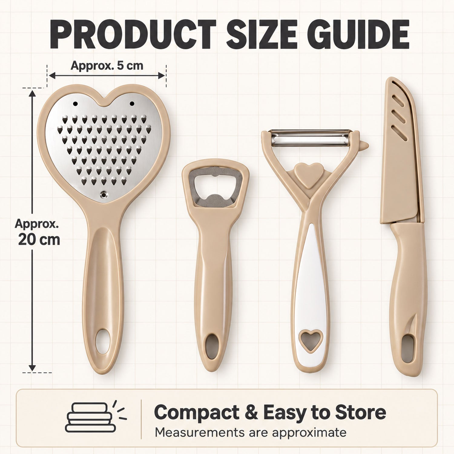 The four kitchen tools are shown with approximate size measurements of 5 cm width and 20 cm length, emphasizing their