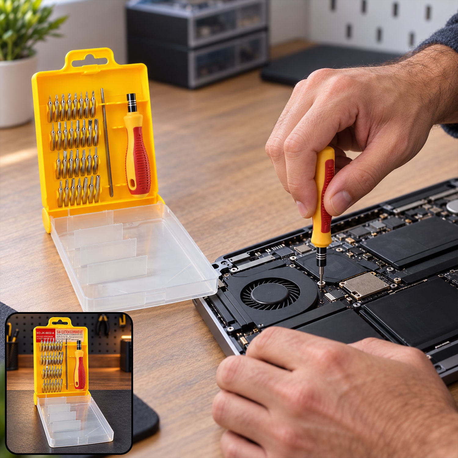 A person uses a yellow and red screwdriver from a 32-piece set to repair a laptop on a wooden desk.