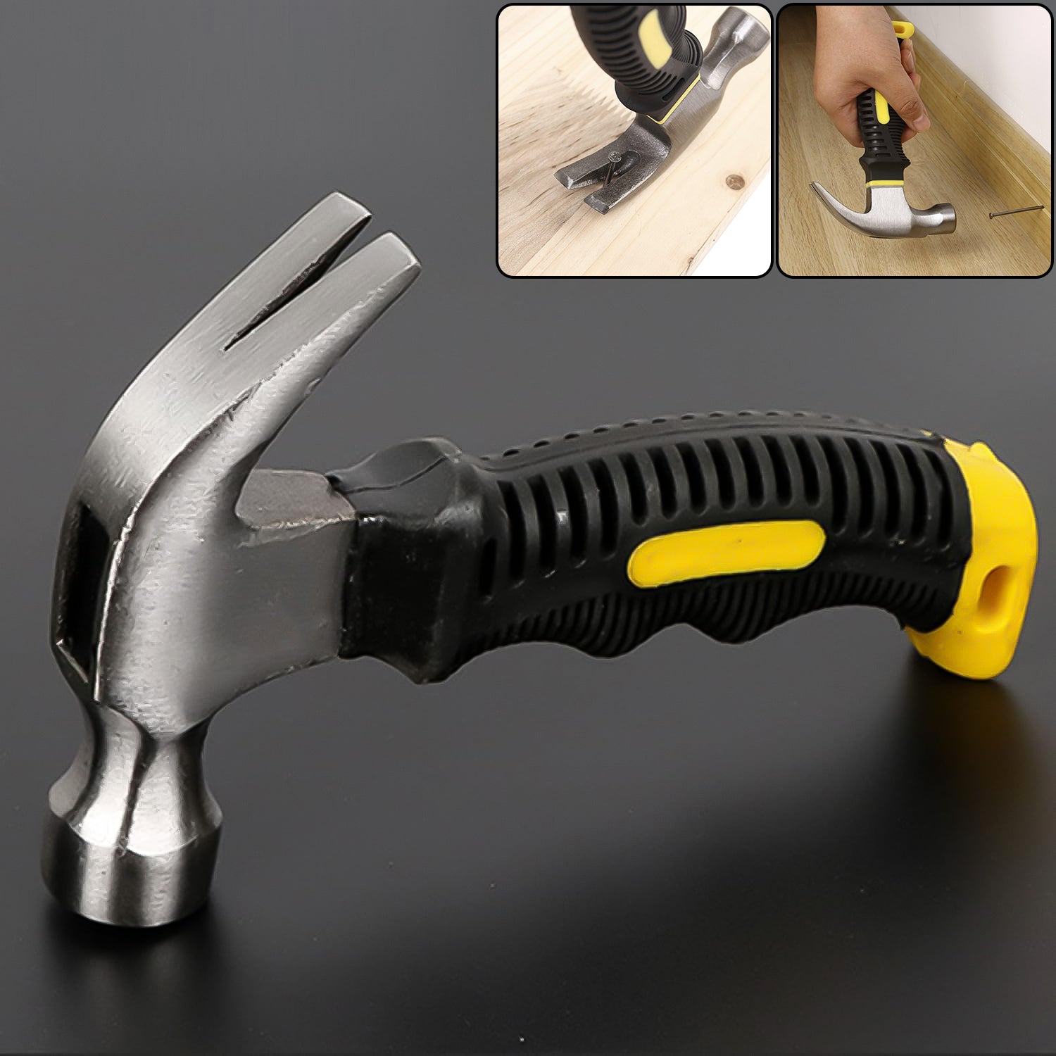 Carpenter mini claw hammer with fiberglass handle.