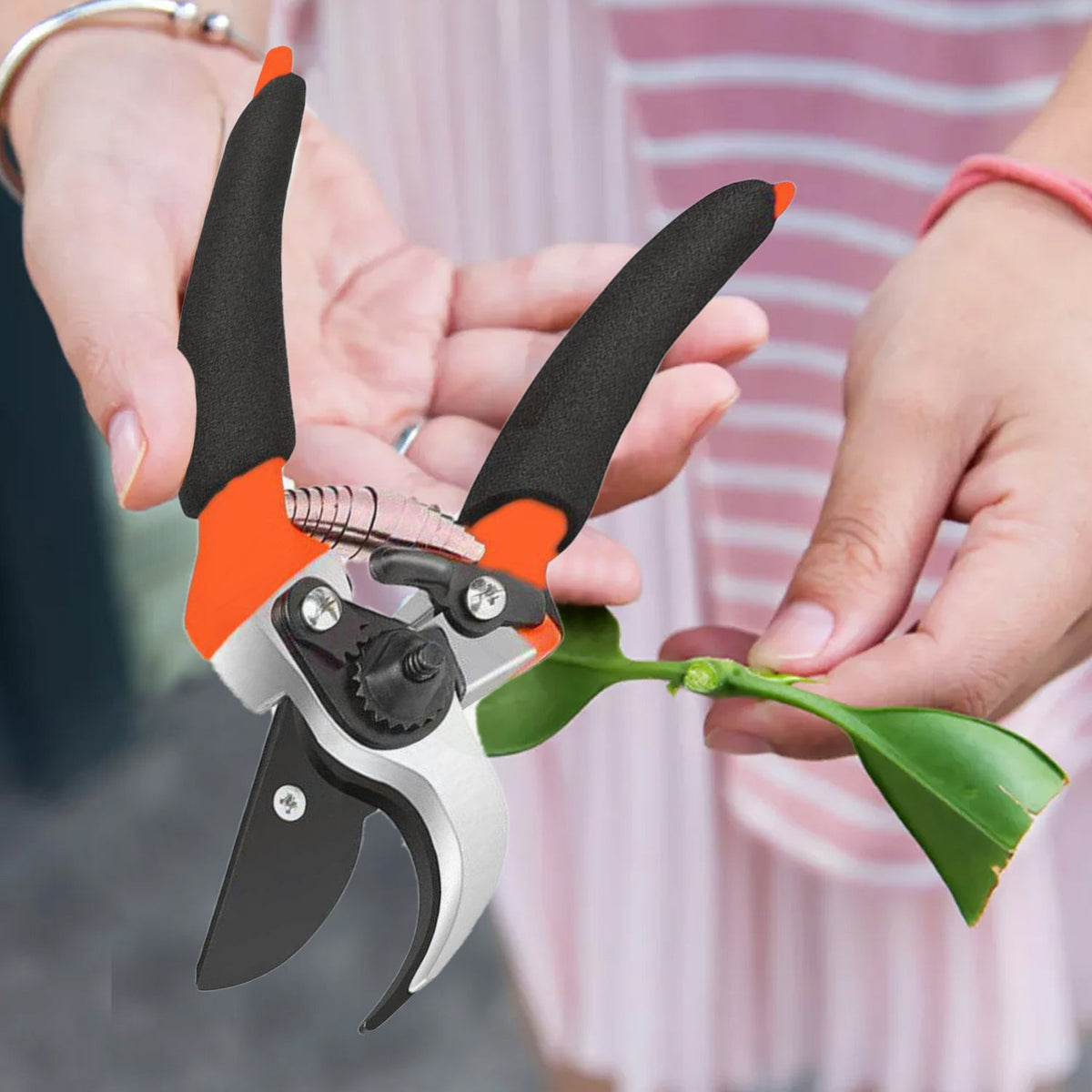 Sharp garden pruners with ergonomic rubber grip on a white background