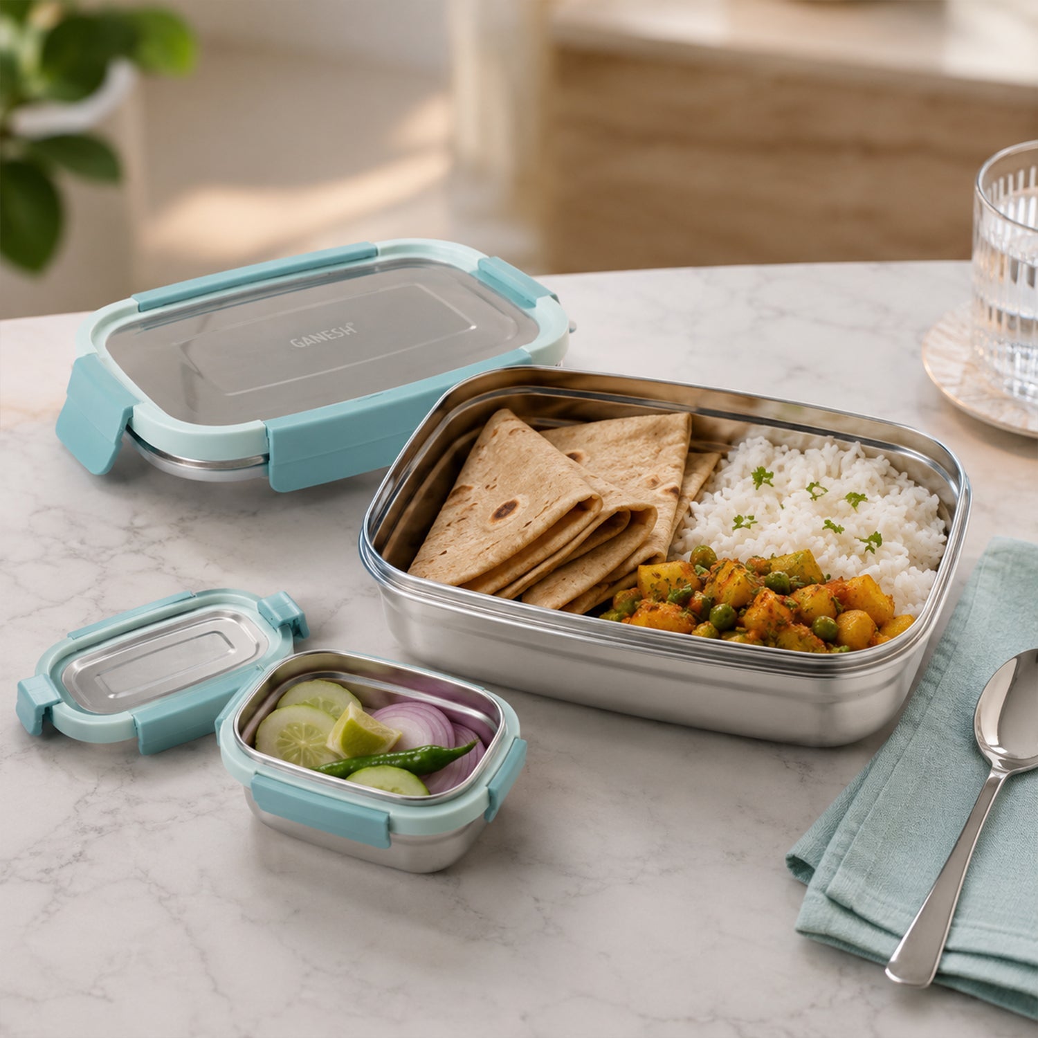 Ganesh Shine 750 Stainless Steel Lunch Box Set  with Small Side Container (1 Set)